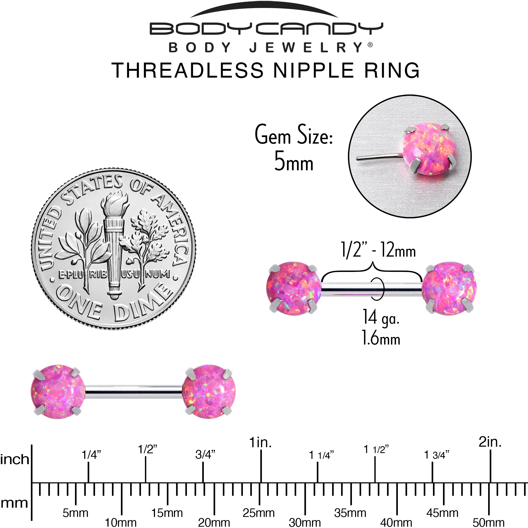 14G 1/2 Pink Synthetic Opal Threadless Barbell Nipple Ring Set - Image 6