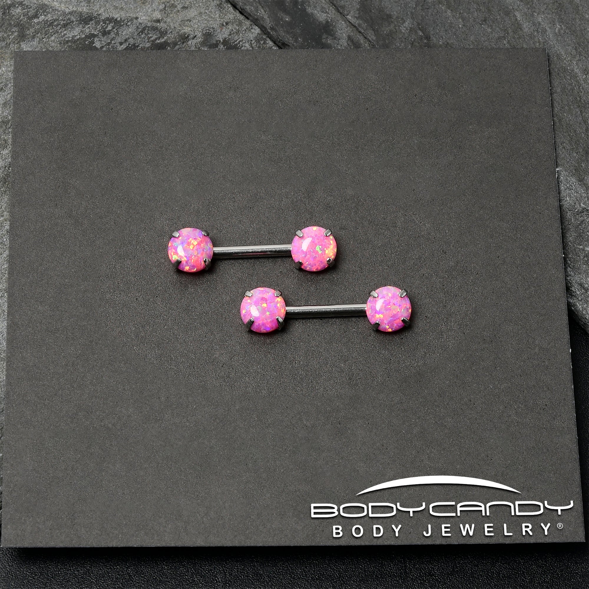 14G 1/2 Pink Synthetic Opal Threadless Barbell Nipple Ring Set - Image 7
