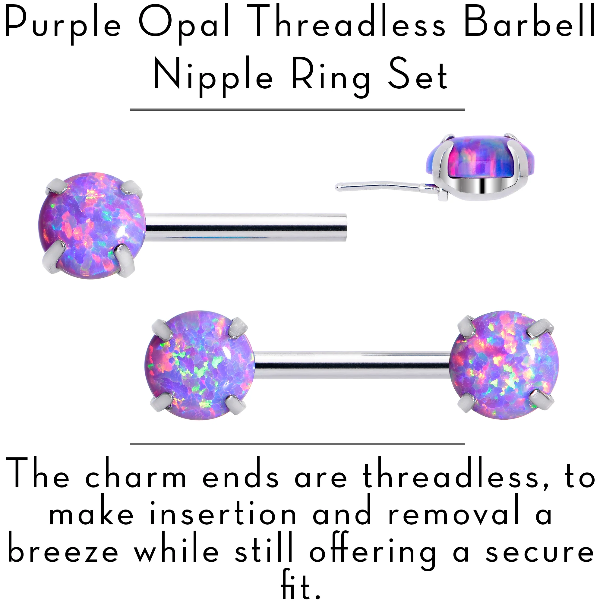 14G 1/2 Purple Synthetic Opal Threadless Barbell Nipple Ring Set - Image 3