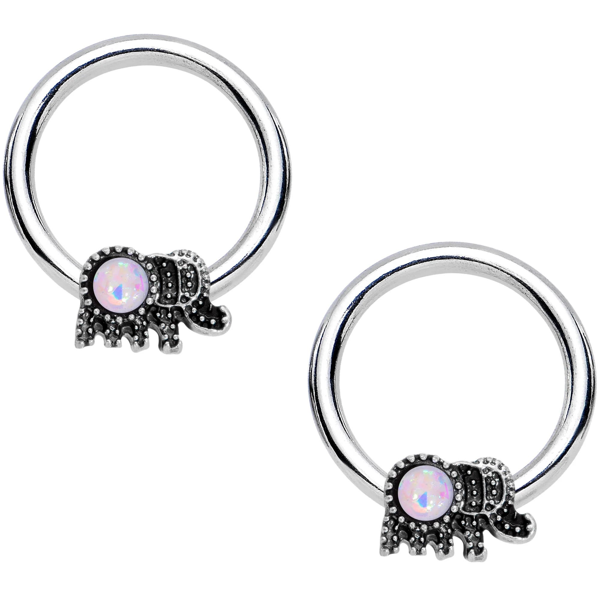 14G 1/2 White Faux Opal Elephant BCR Captive Nipple Ring Set