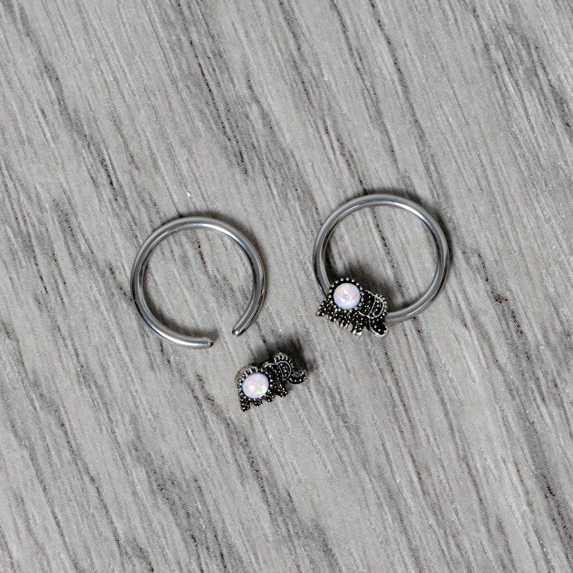 14G 1/2 White Faux Opal Elephant BCR Captive Nipple Ring Set - Image 6