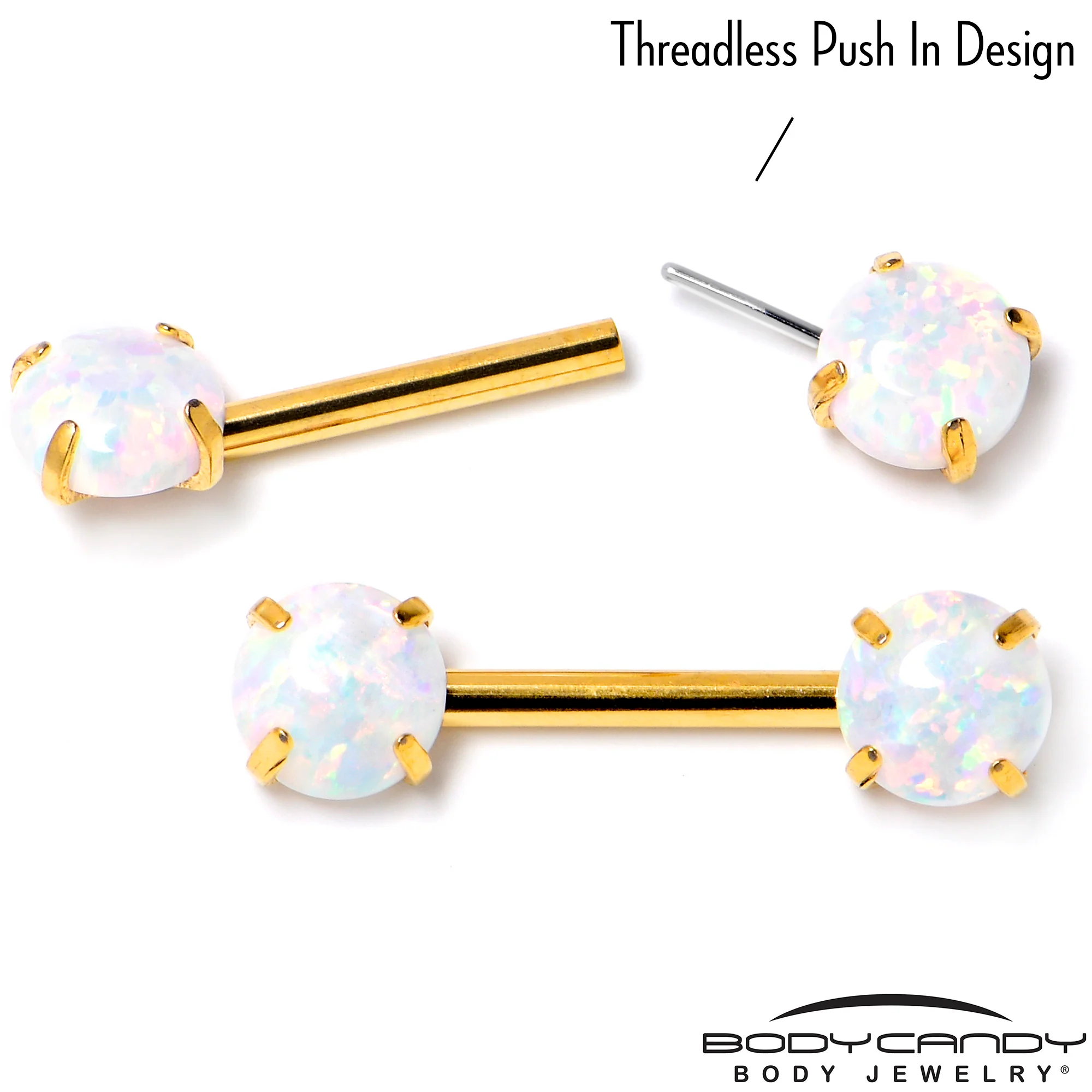 14G 1/2 White Synthetic Opal Gold Tone Threadless Nipple Ring Set - Image 3