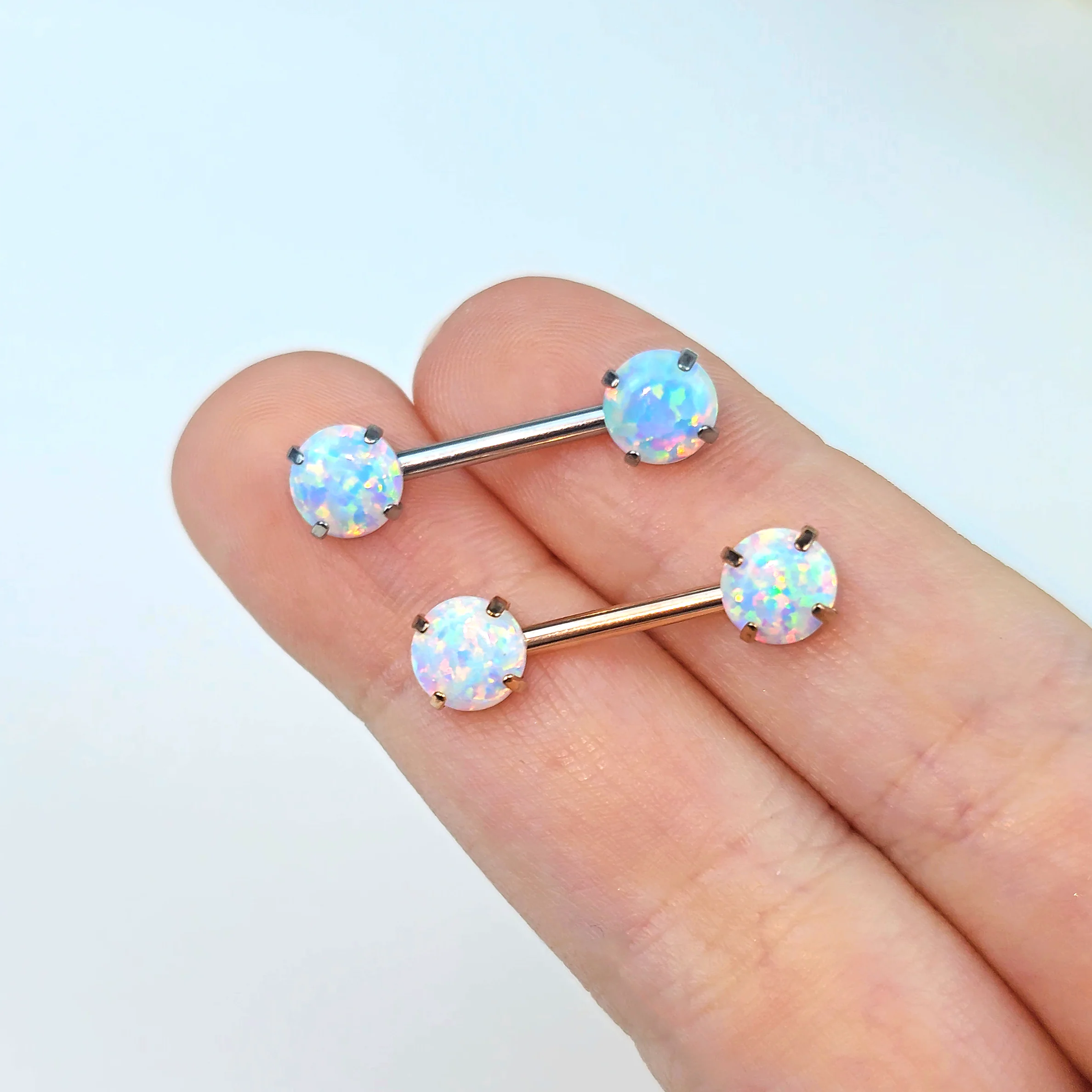 14G 1/2 White Synthetic Opal Threadless Barbell Nipple Ring Set - Image 2