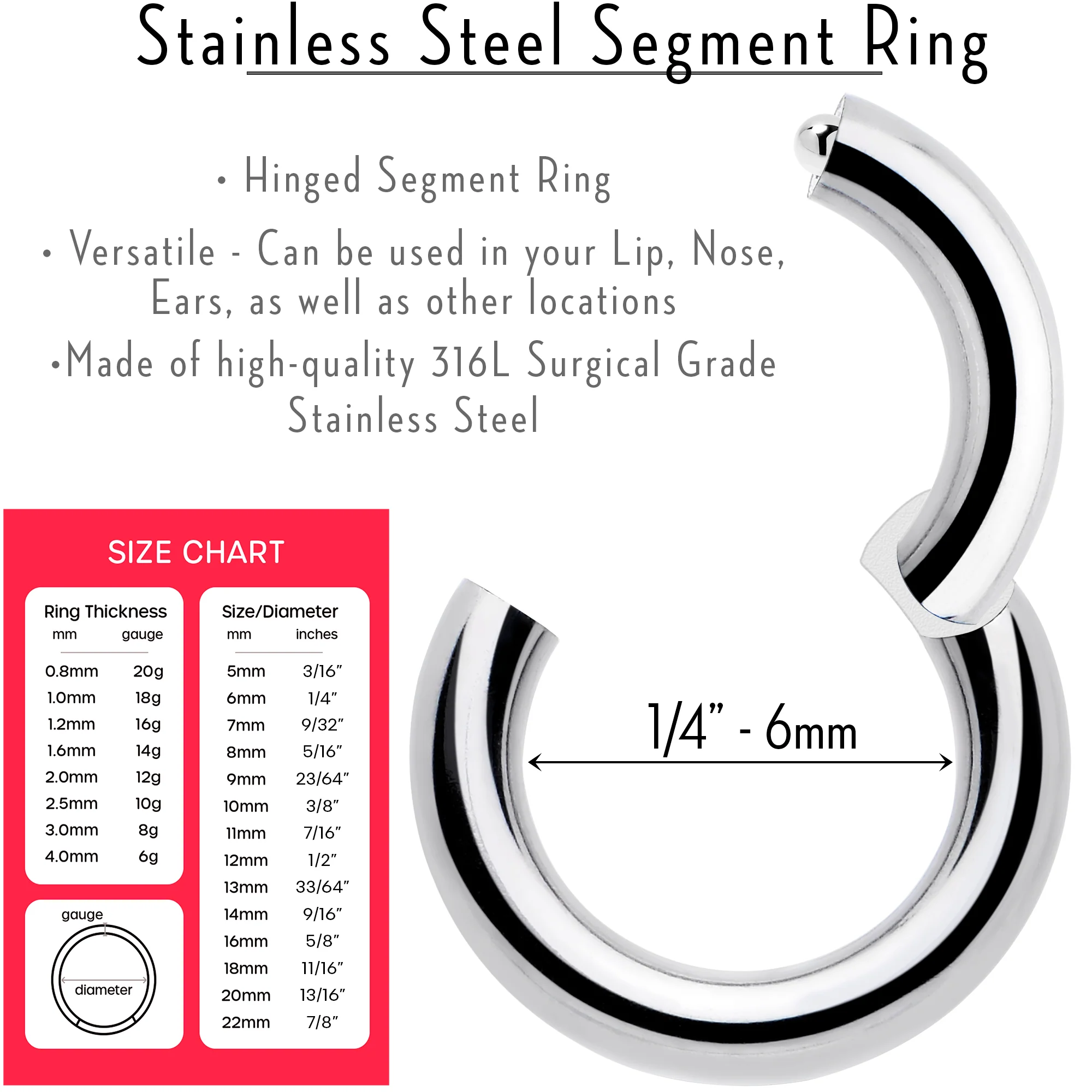 14G 1/4 316L Surgical Steel Precision Hinged Segment Hoop - Image 3