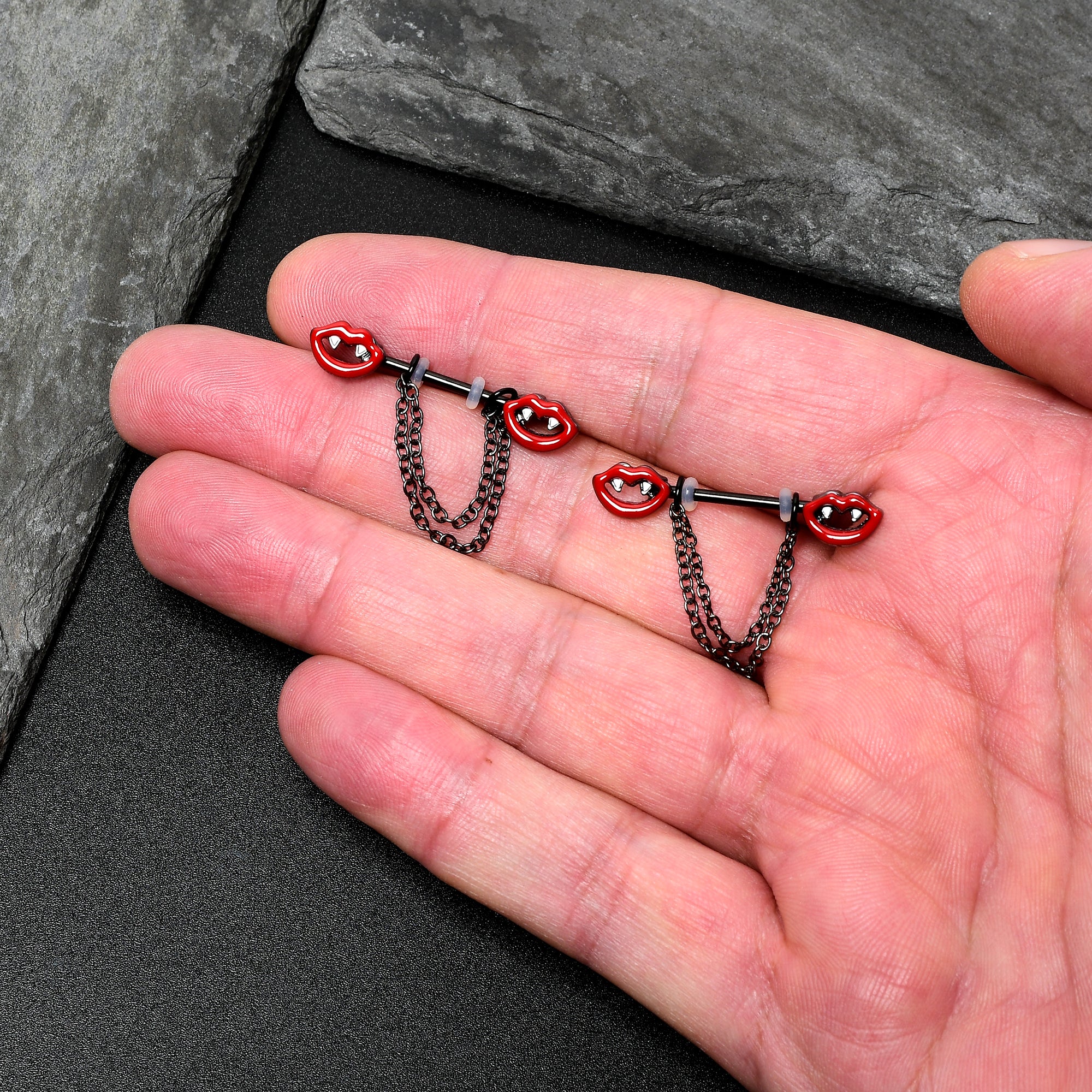 14G 11/16 Black Vampire Fangs Chain Dangle Nipple Ring Set - Image 2