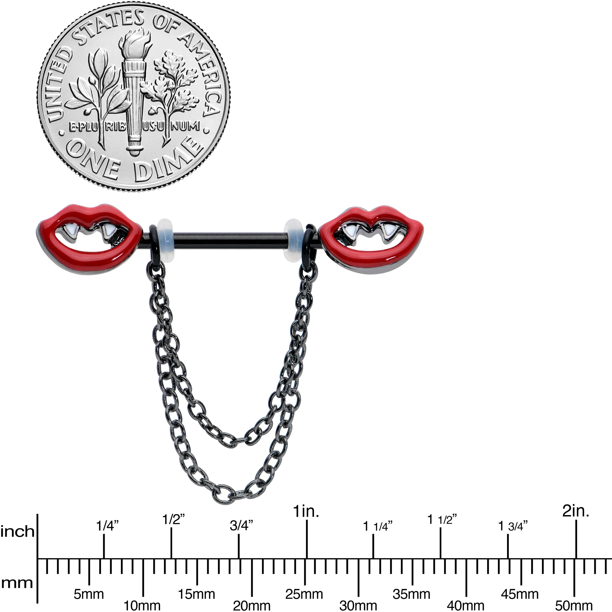 14G 11/16 Black Vampire Fangs Chain Dangle Nipple Ring Set - Image 3