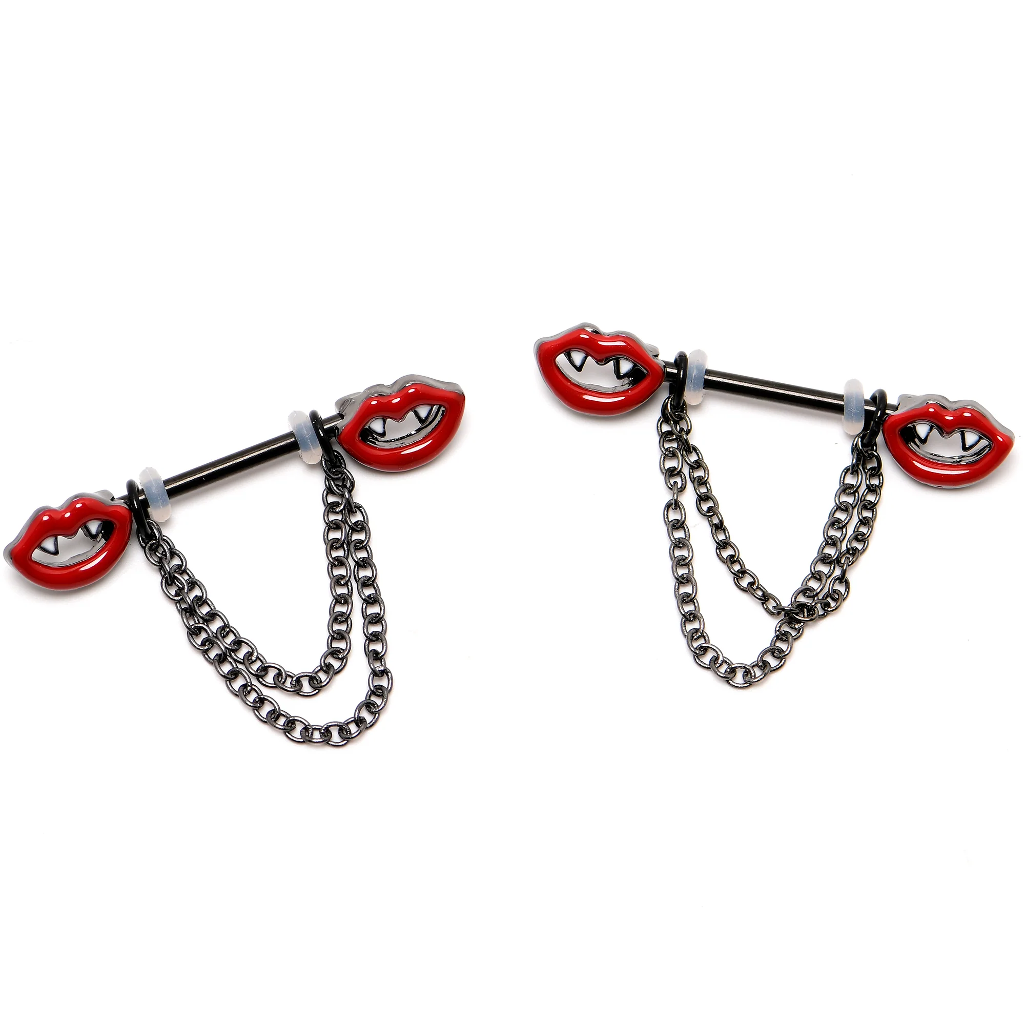 14G 11/16 Black Vampire Fangs Chain Dangle Nipple Ring Set - Image 4