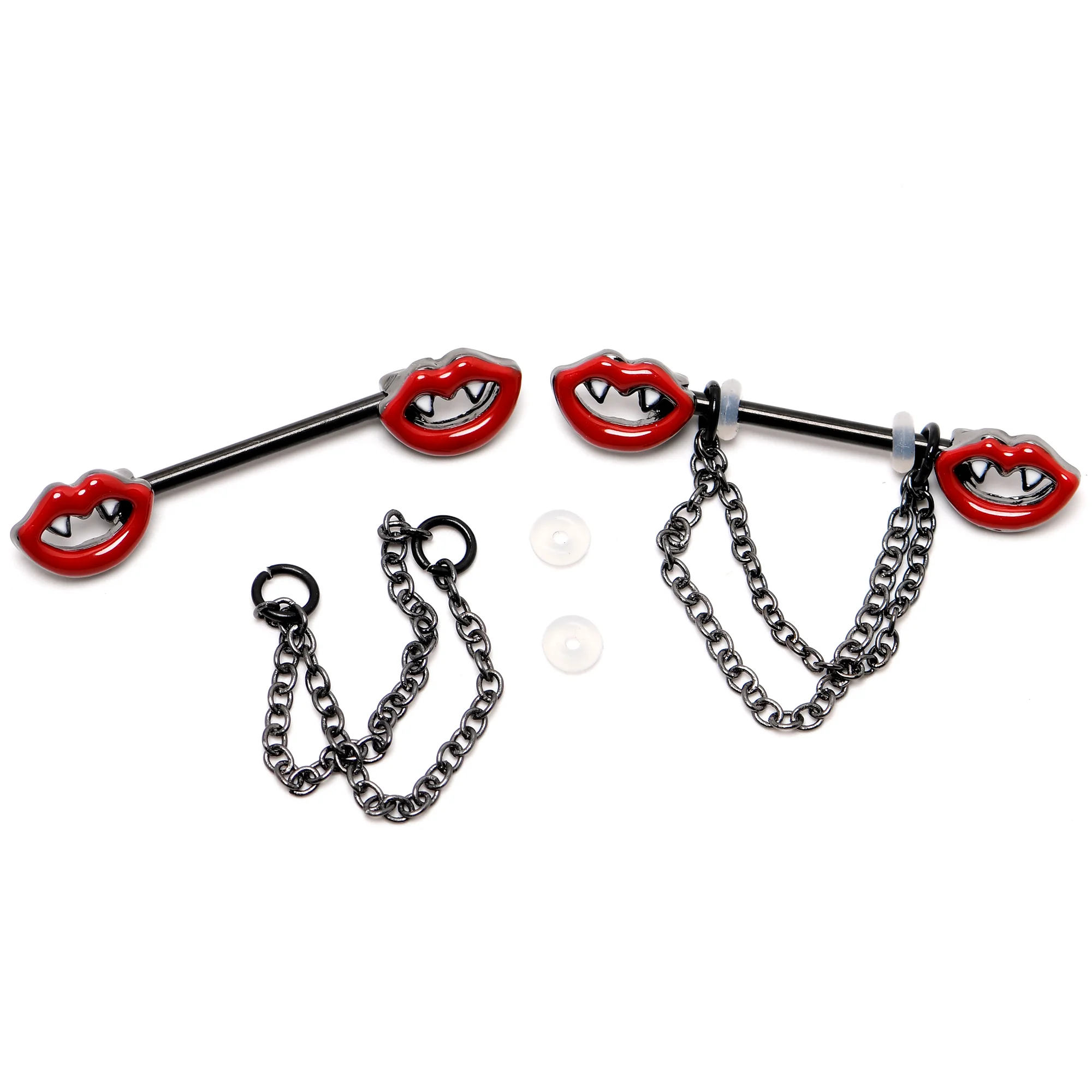 14G 11/16 Black Vampire Fangs Chain Dangle Nipple Ring Set - Image 6