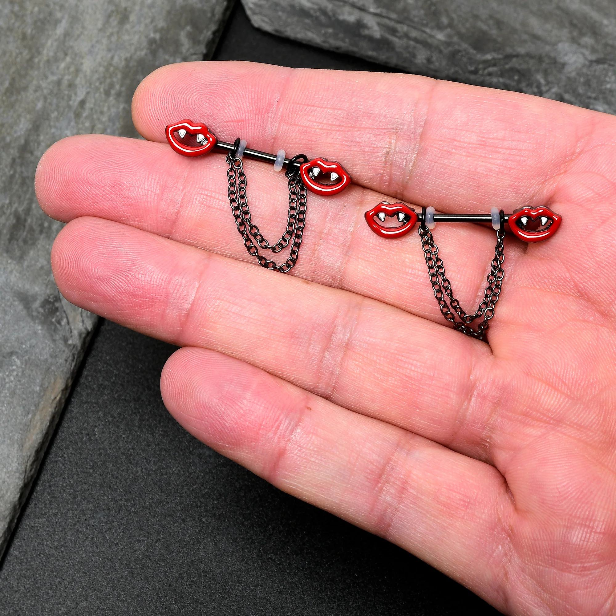 14G 11/16 Black Vampire Fangs Chain Dangle Nipple Ring Set - Image 7