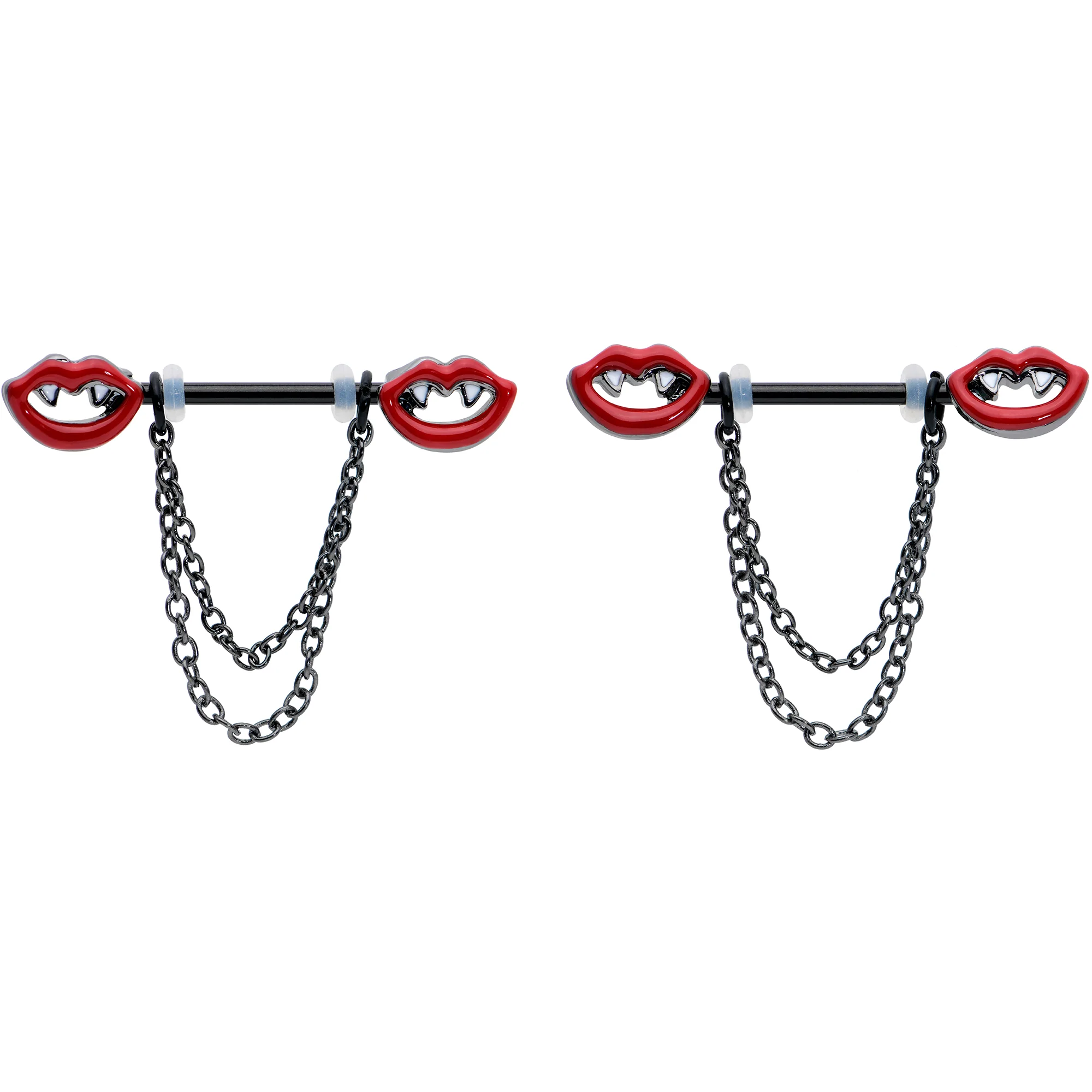 14G 11/16 Black Vampire Fangs Chain Dangle Nipple Ring Set - Image 8