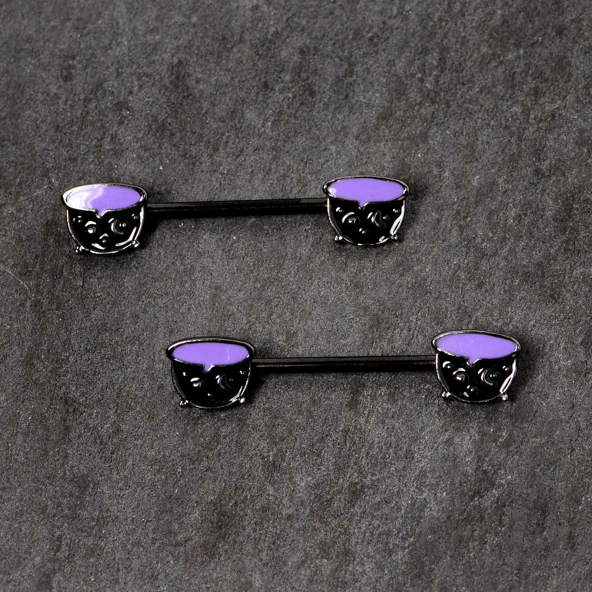 14G 11/16 Black Purple Cauldron Halloween Barbell Nipple Ring Set - Image 3