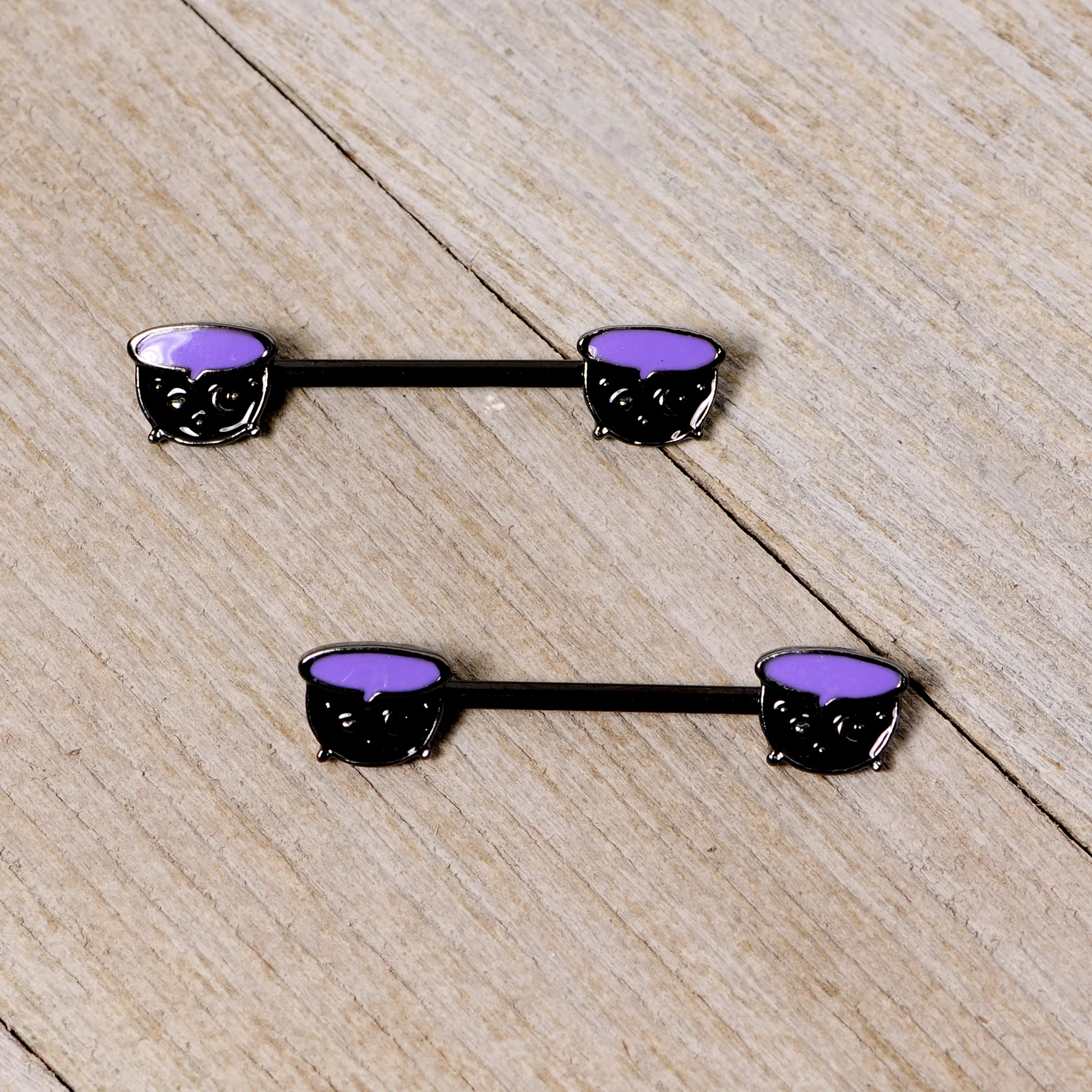 14G 11/16 Black Purple Cauldron Halloween Barbell Nipple Ring Set - Image 4