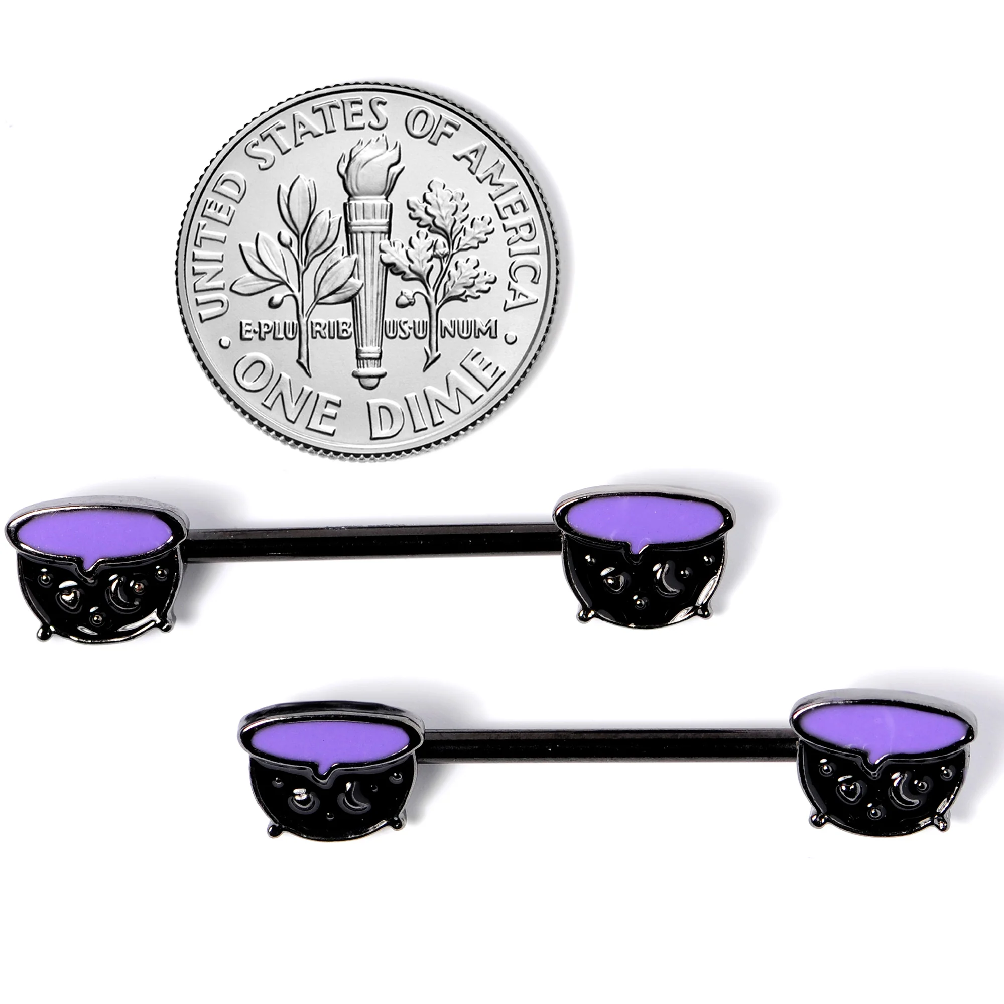 14G 11/16 Black Purple Cauldron Halloween Barbell Nipple Ring Set - Image 5