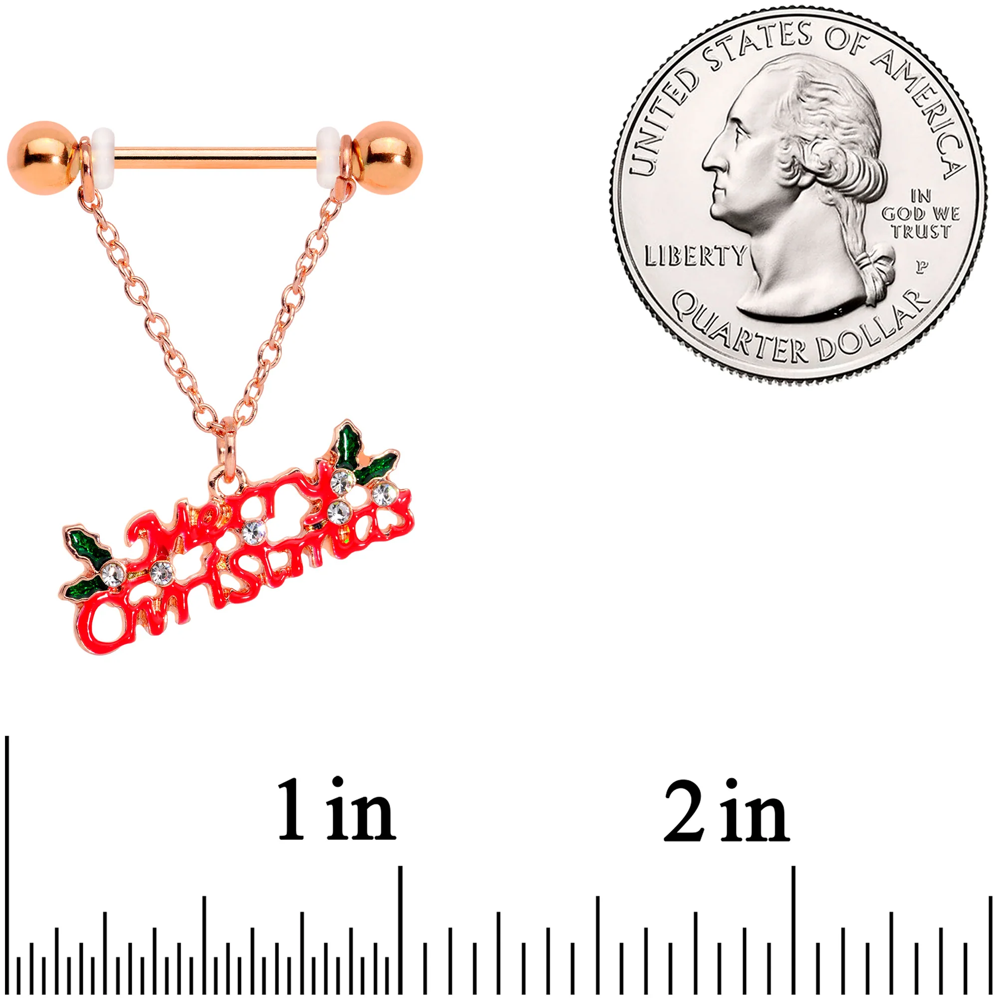 14G 11/16 Clear Gem Rose Gold Hue Merry Christmas Nipple Ring Set - Image 2
