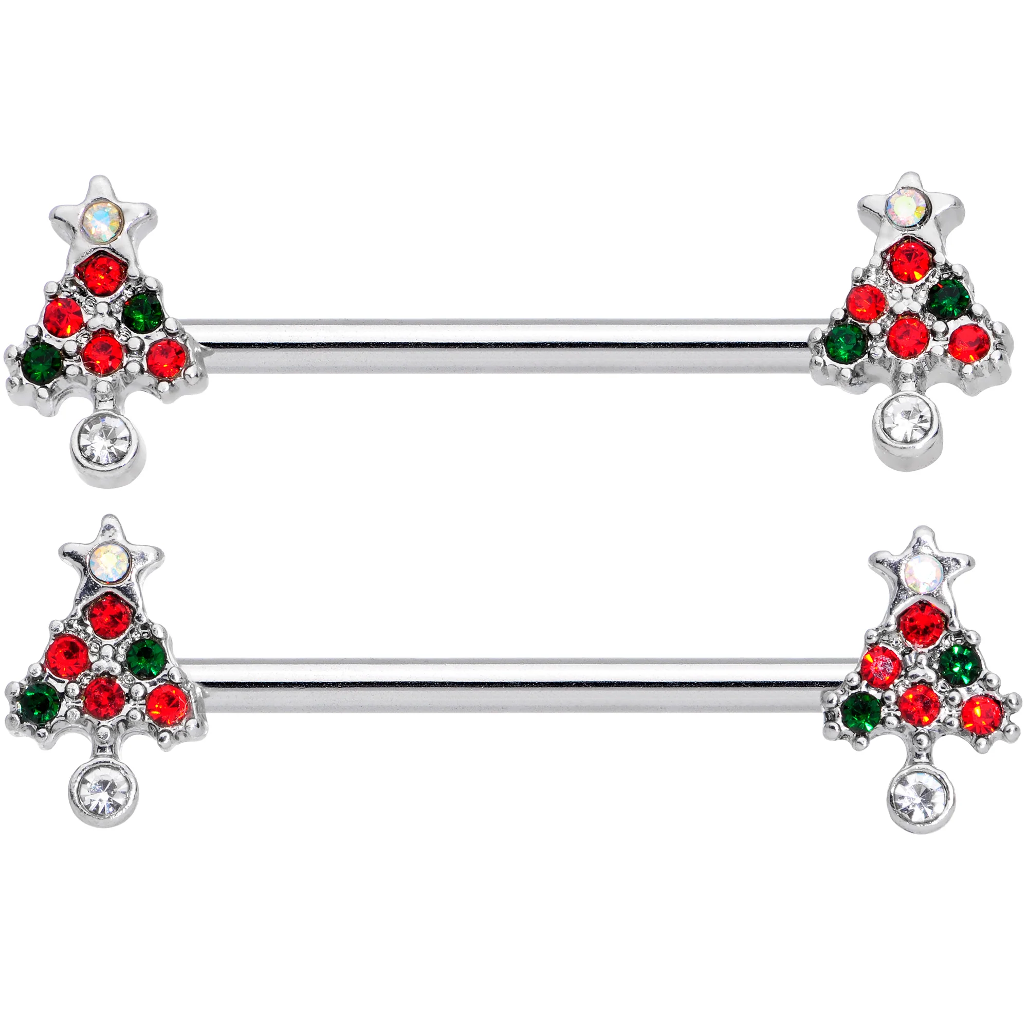 14G 11/16 Clear Red Green Gem Christmas Tree Nipple Ring Set - Image 2