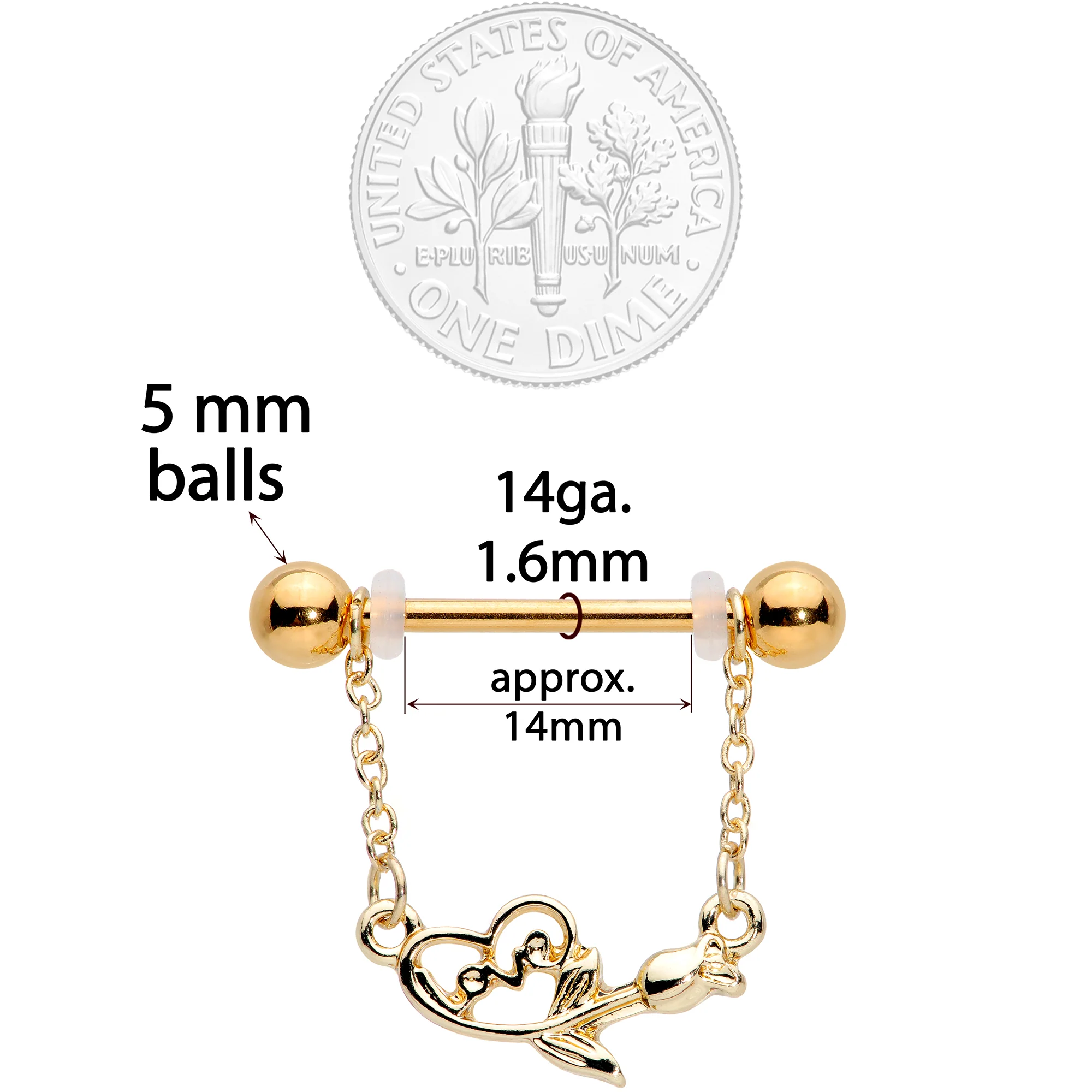 14G 11/16 Gold Tone Love Rose Dangle Nipple Ring Set - Image 3
