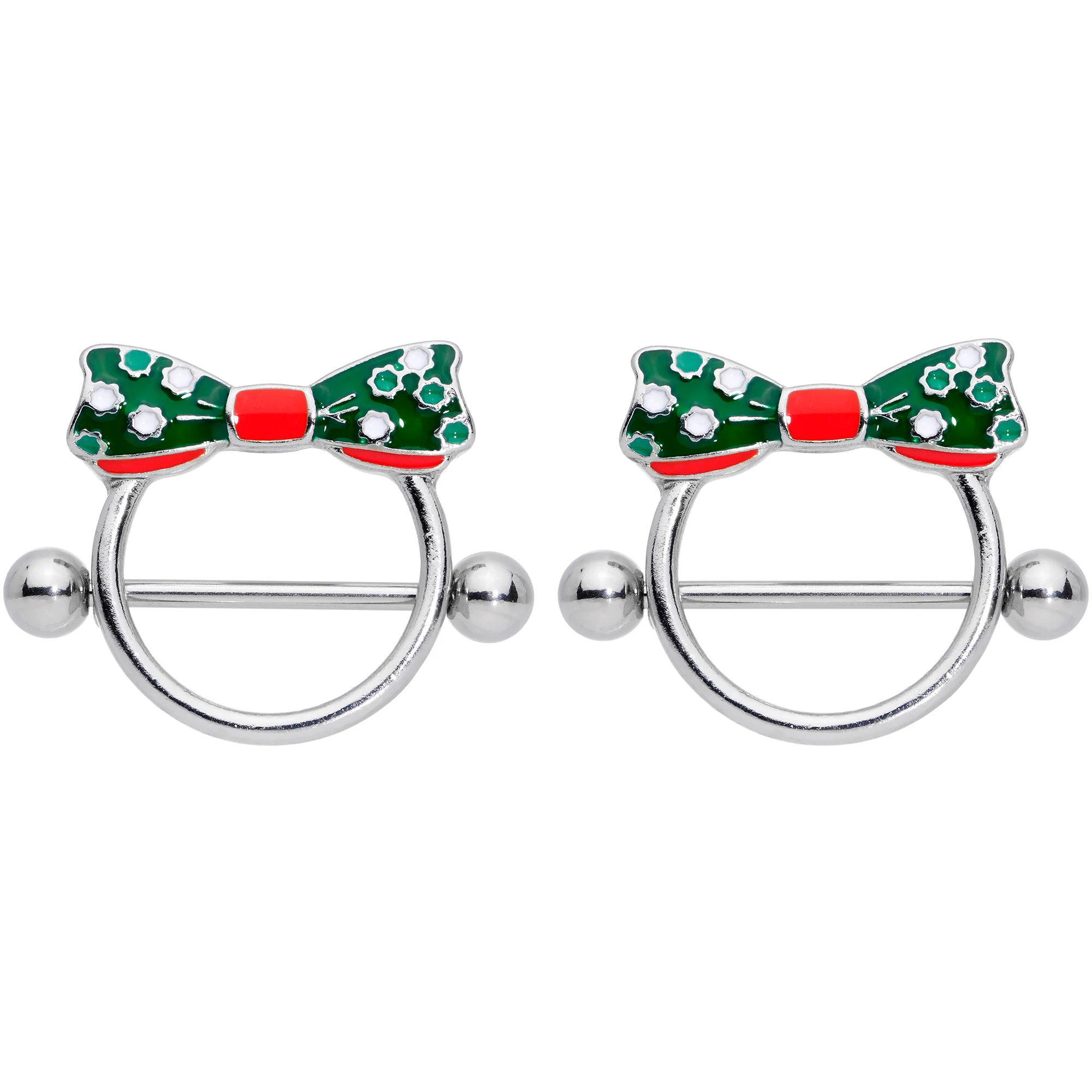 14G 11/16 Green Red Polka Dot Bow Christmas Nipple Shield Set - Image 4
