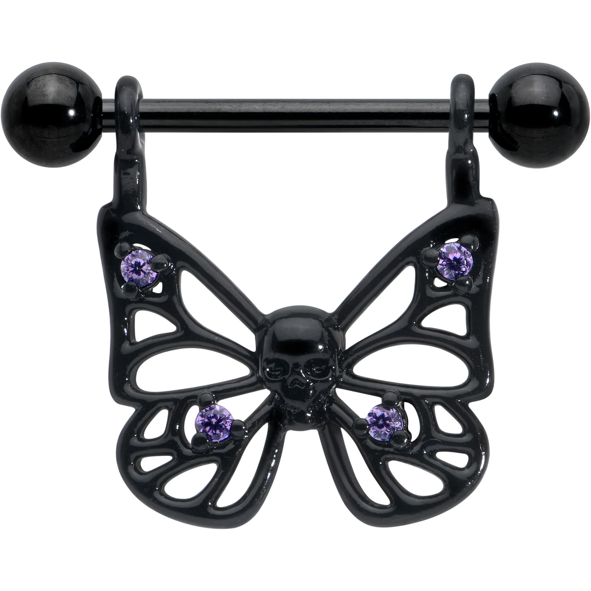 14G 11/16 Purple CZ Gem Black Skull Butterfly Dangle Nipple Ring Set - Image 2