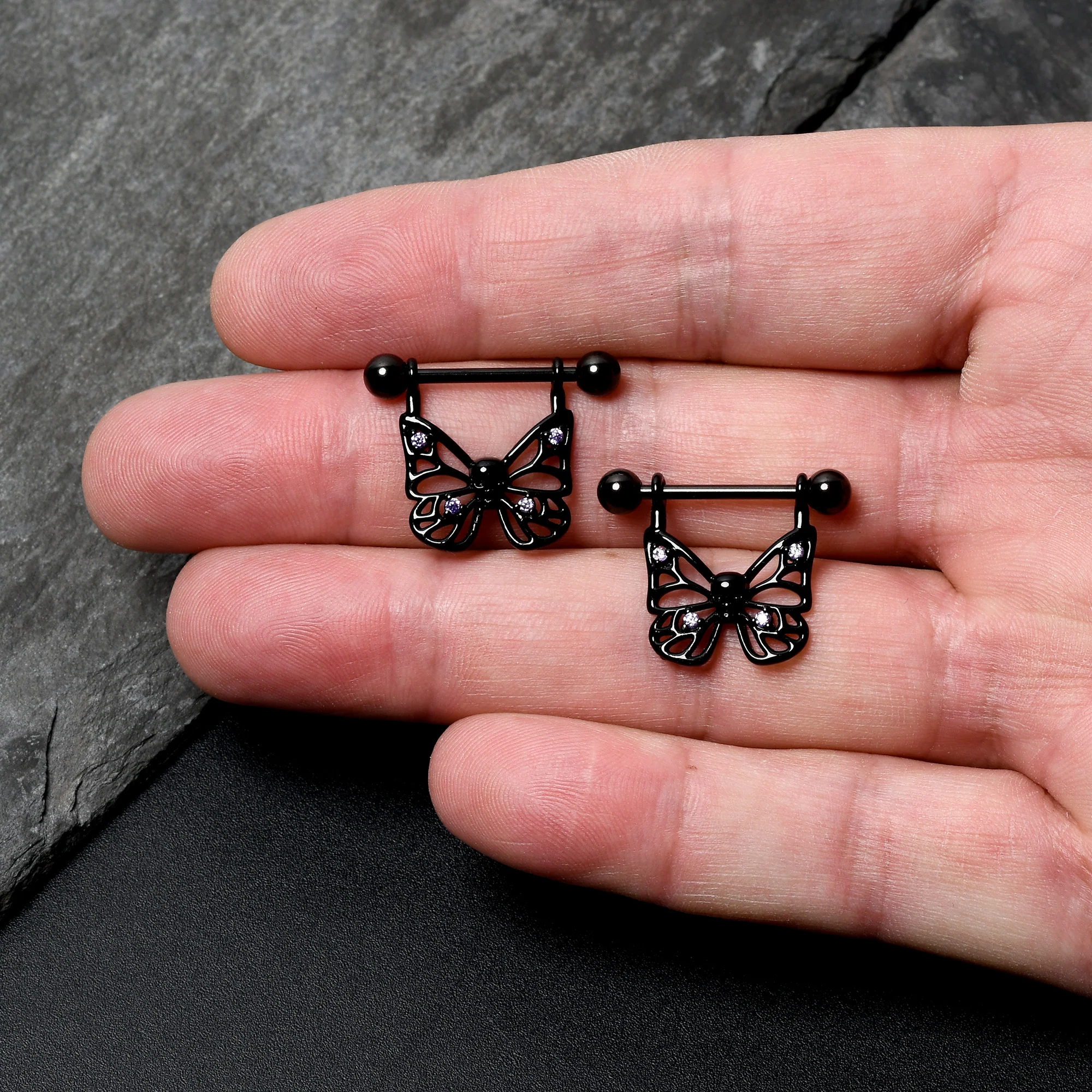 14G 11/16 Purple CZ Gem Black Skull Butterfly Dangle Nipple Ring Set - Image 3