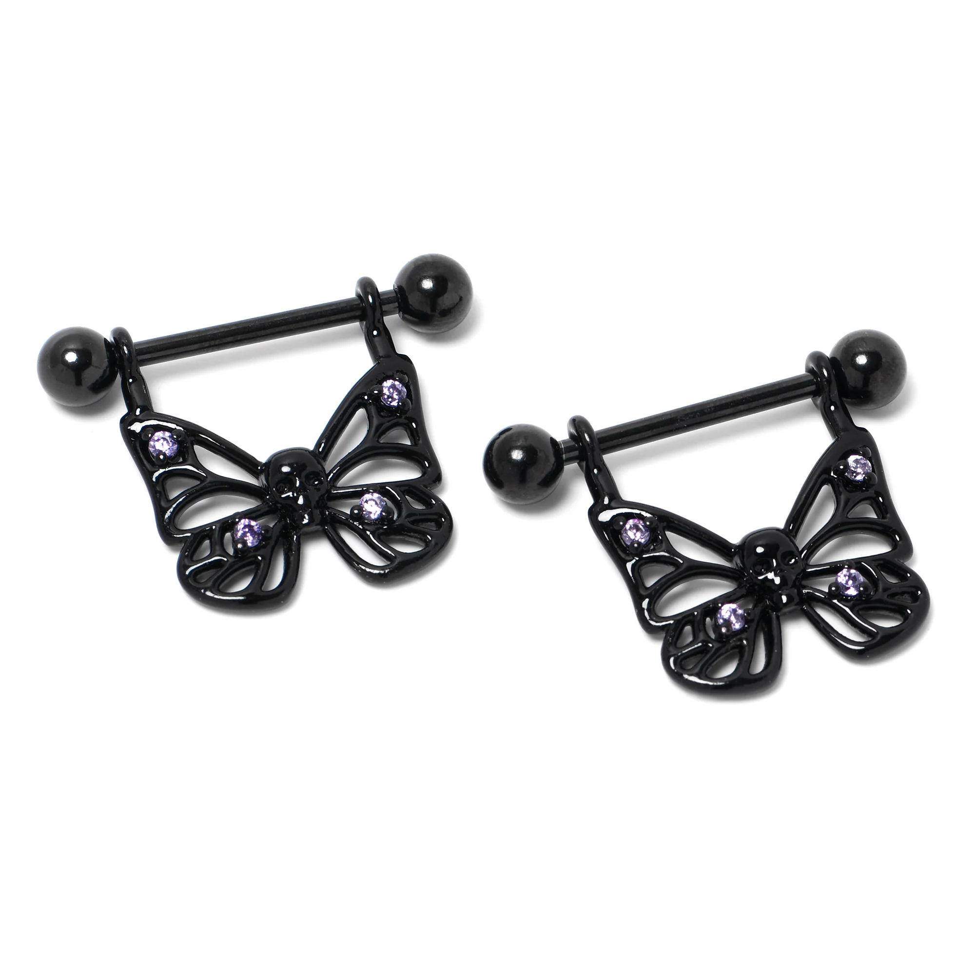 14G 11/16 Purple CZ Gem Black Skull Butterfly Dangle Nipple Ring Set - Image 4