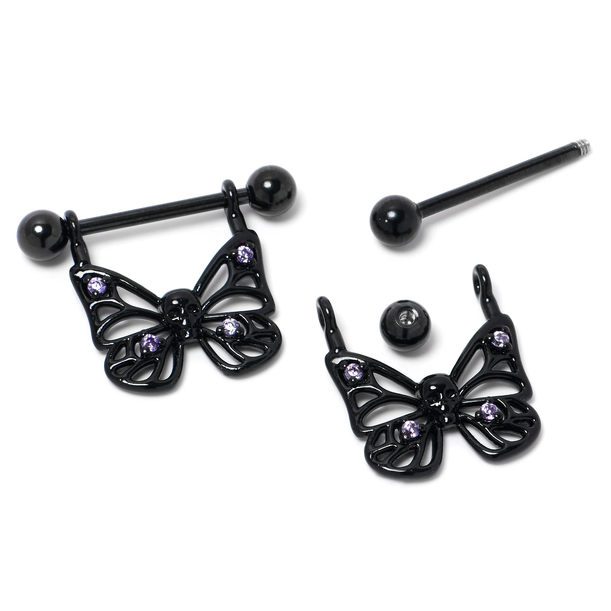 14G 11/16 Purple CZ Gem Black Skull Butterfly Dangle Nipple Ring Set - Image 5