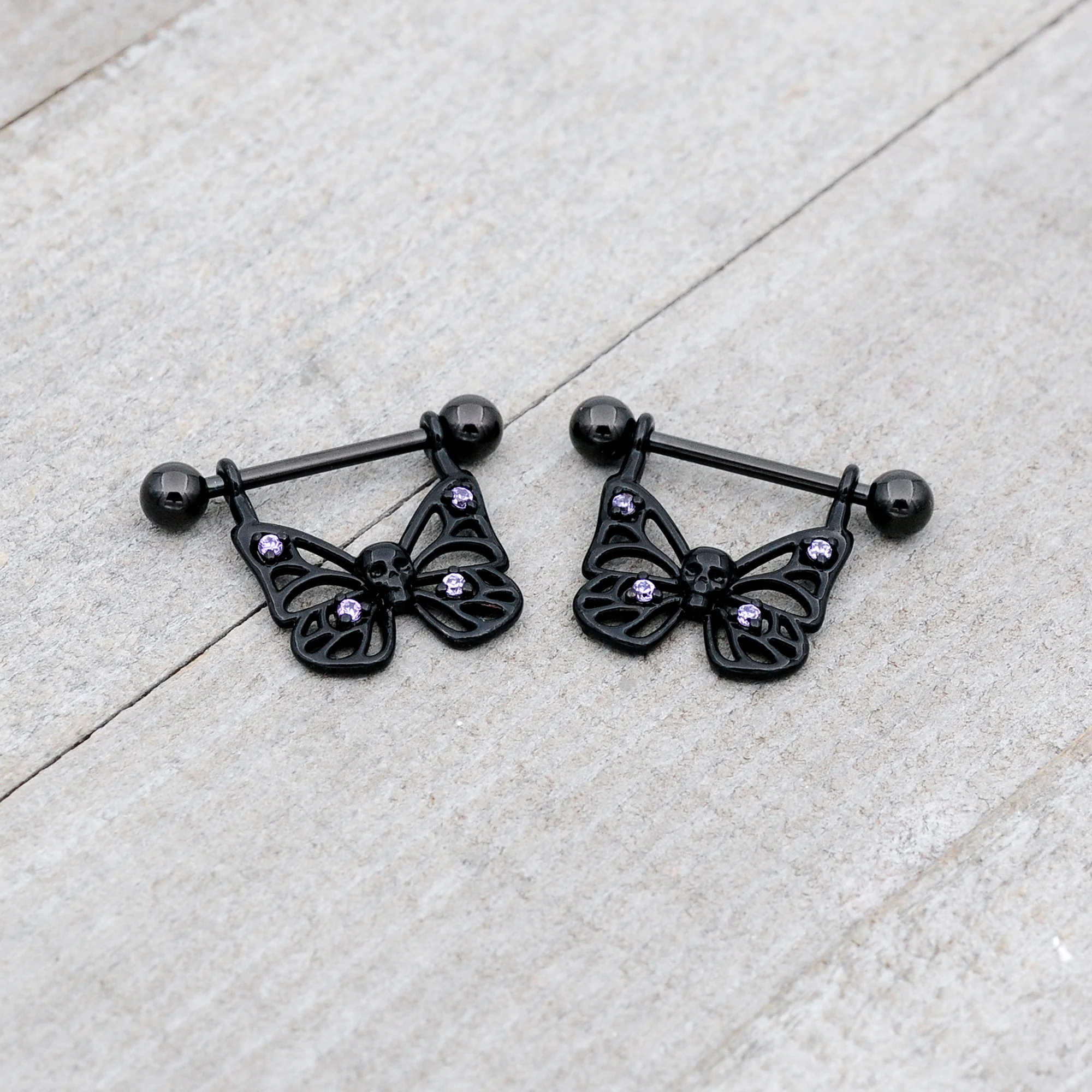 14G 11/16 Purple CZ Gem Black Skull Butterfly Dangle Nipple Ring Set - Image 6