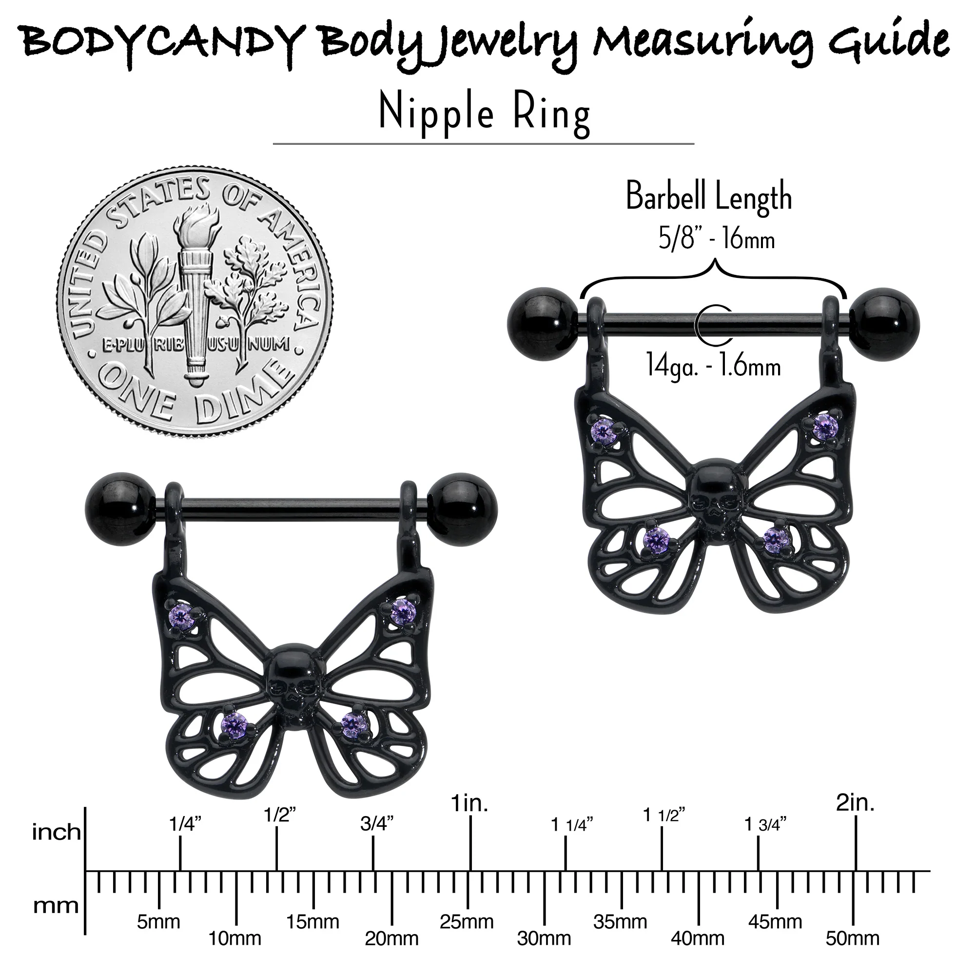 14G 11/16 Purple CZ Gem Black Skull Butterfly Dangle Nipple Ring Set - Image 7