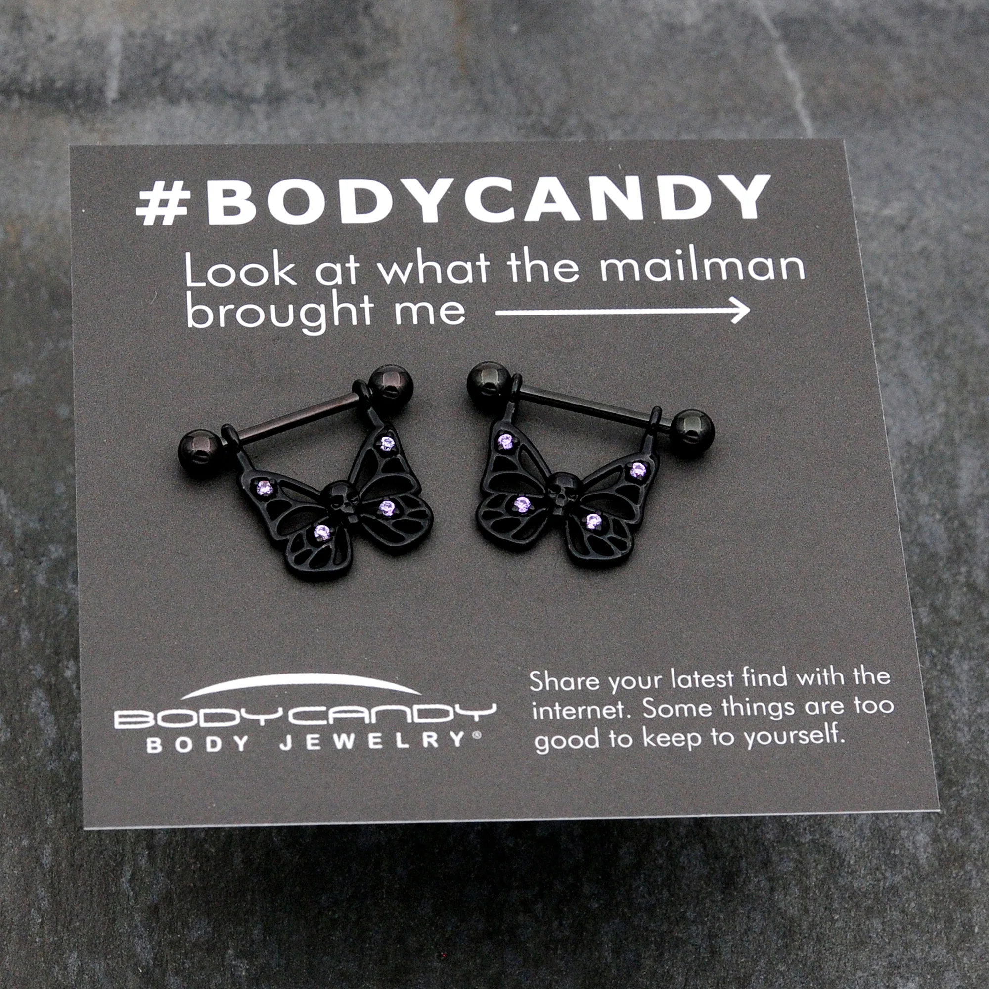14G 11/16 Purple CZ Gem Black Skull Butterfly Dangle Nipple Ring Set - Image 8