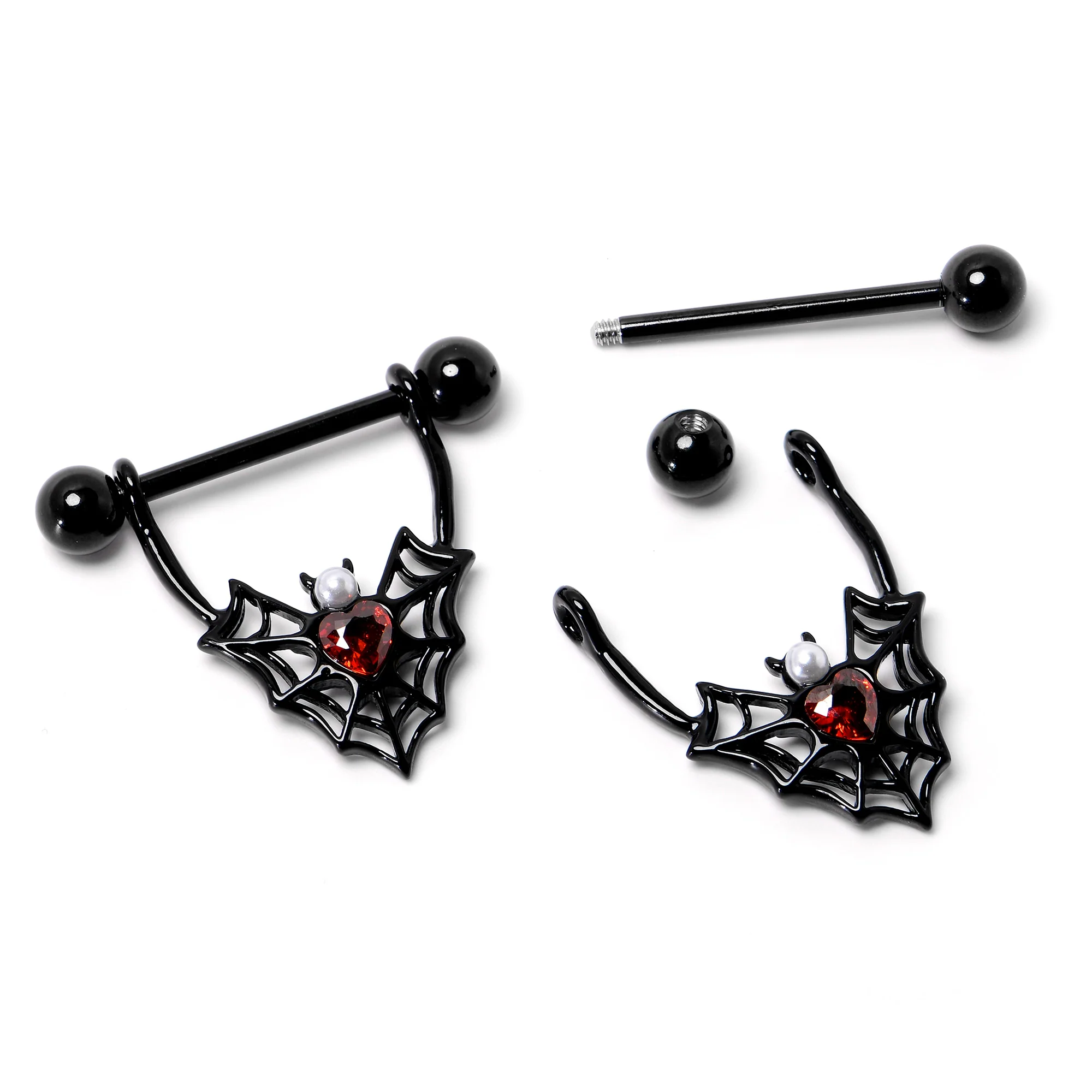 14G 11/16 Red Gem Black Gothic Bat Heart Nipple Shield Set - Image 6