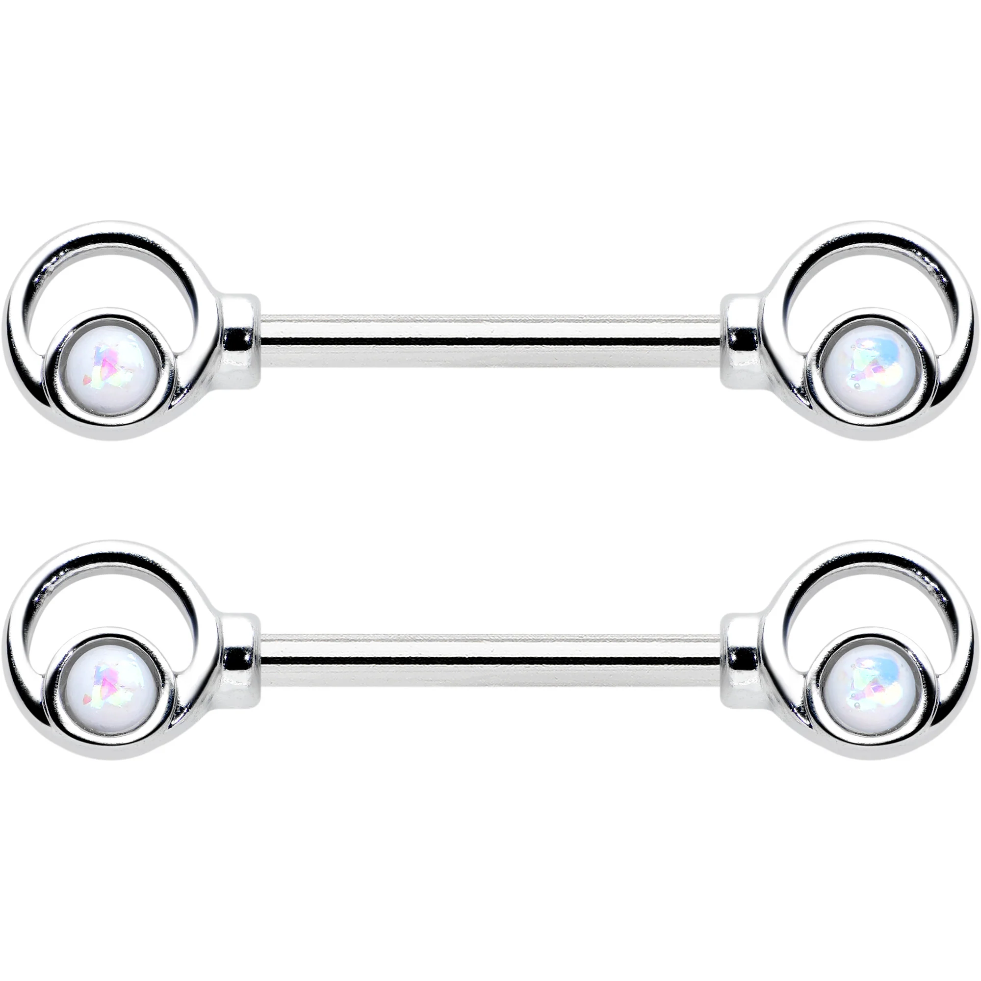 14G 1/2 White Faux Opal Double Circle Barbell Nipple Ring Set - Image 2