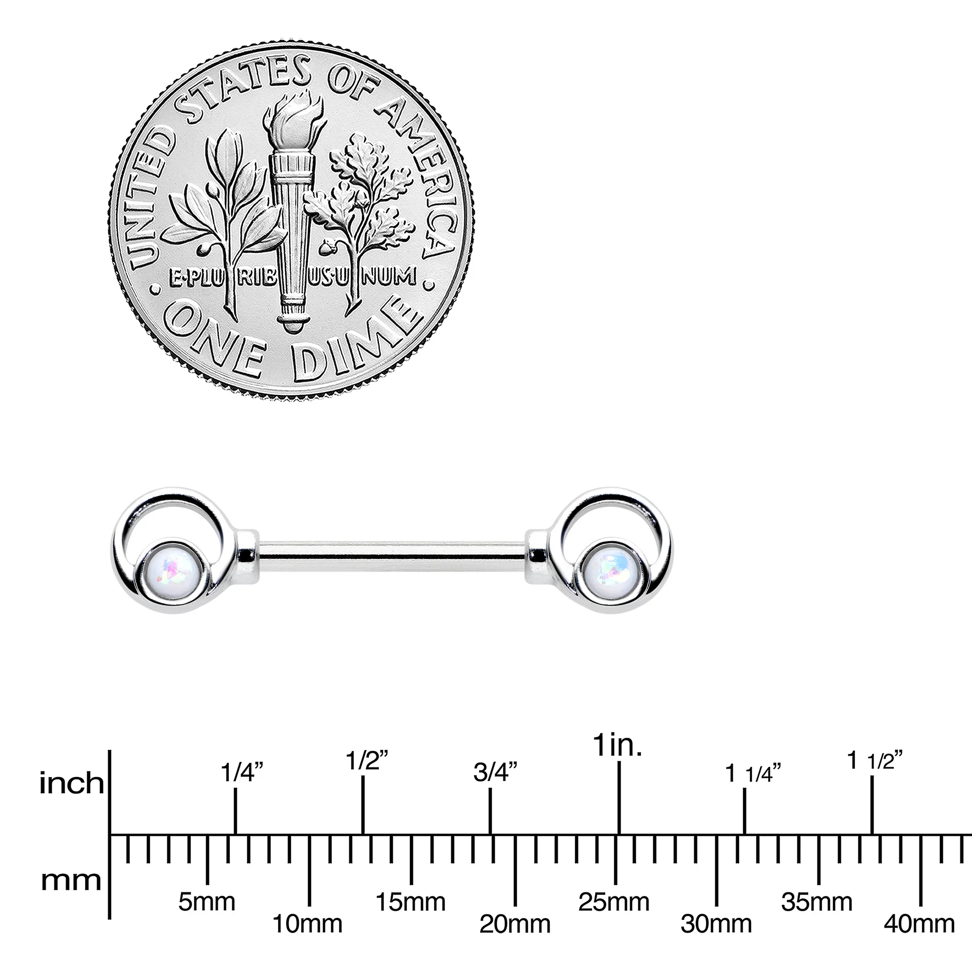 14G 1/2 White Faux Opal Double Circle Barbell Nipple Ring Set - Image 3