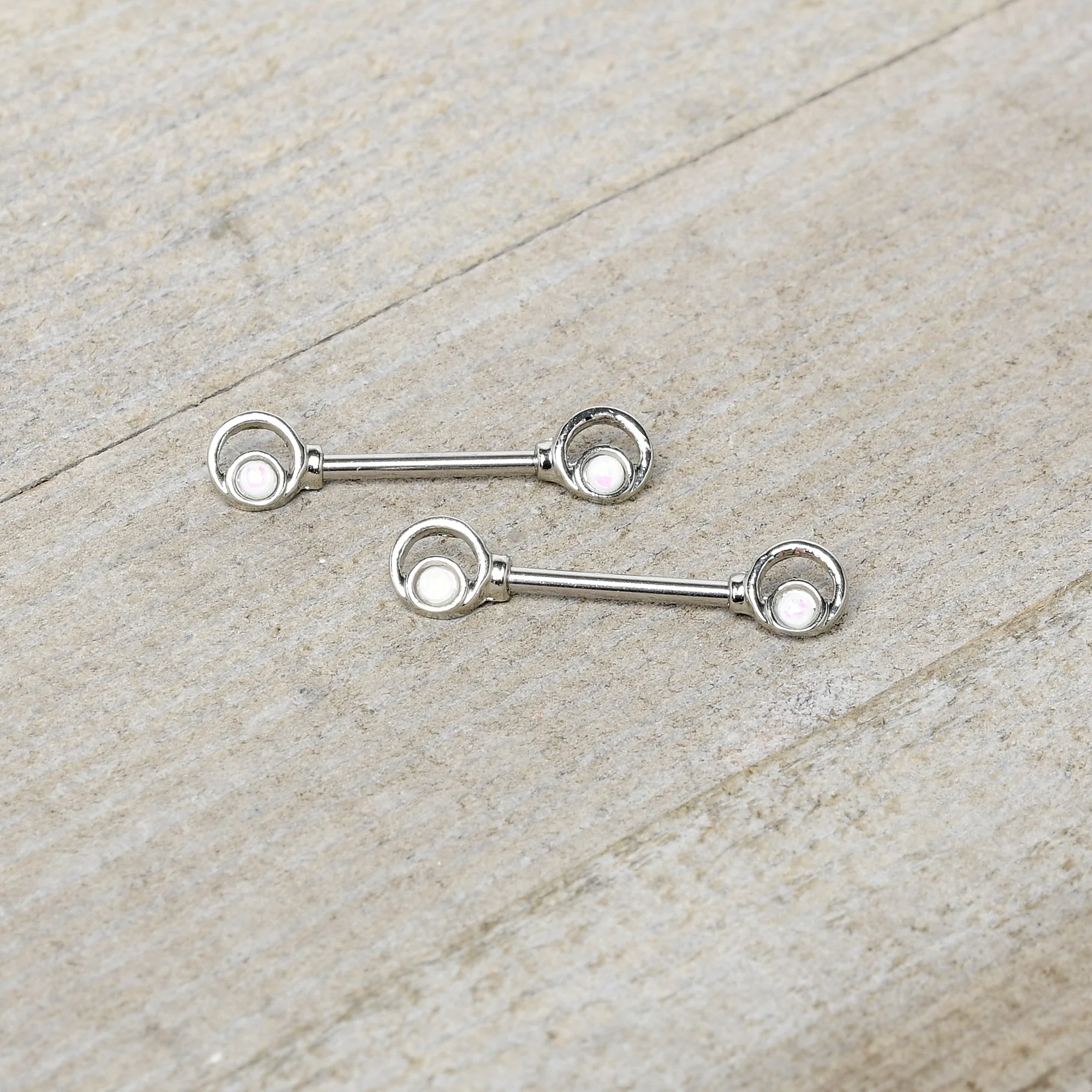 14G 1/2 White Faux Opal Double Circle Barbell Nipple Ring Set - Image 4