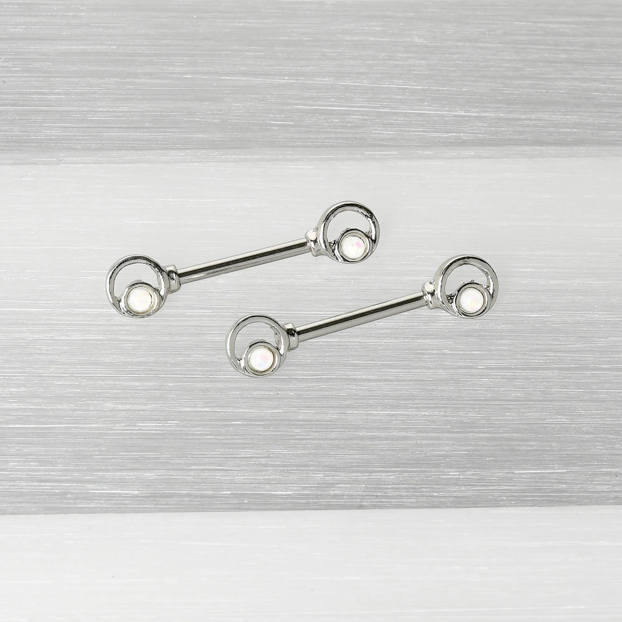 14G 1/2 White Faux Opal Double Circle Barbell Nipple Ring Set - Image 5