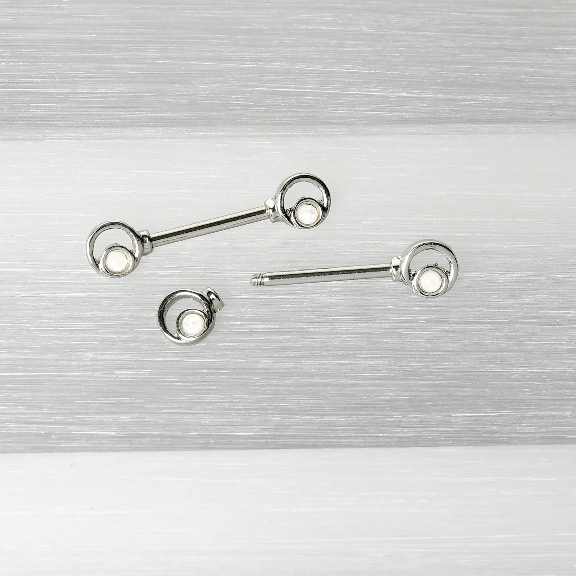 14G 1/2 White Faux Opal Double Circle Barbell Nipple Ring Set - Image 6