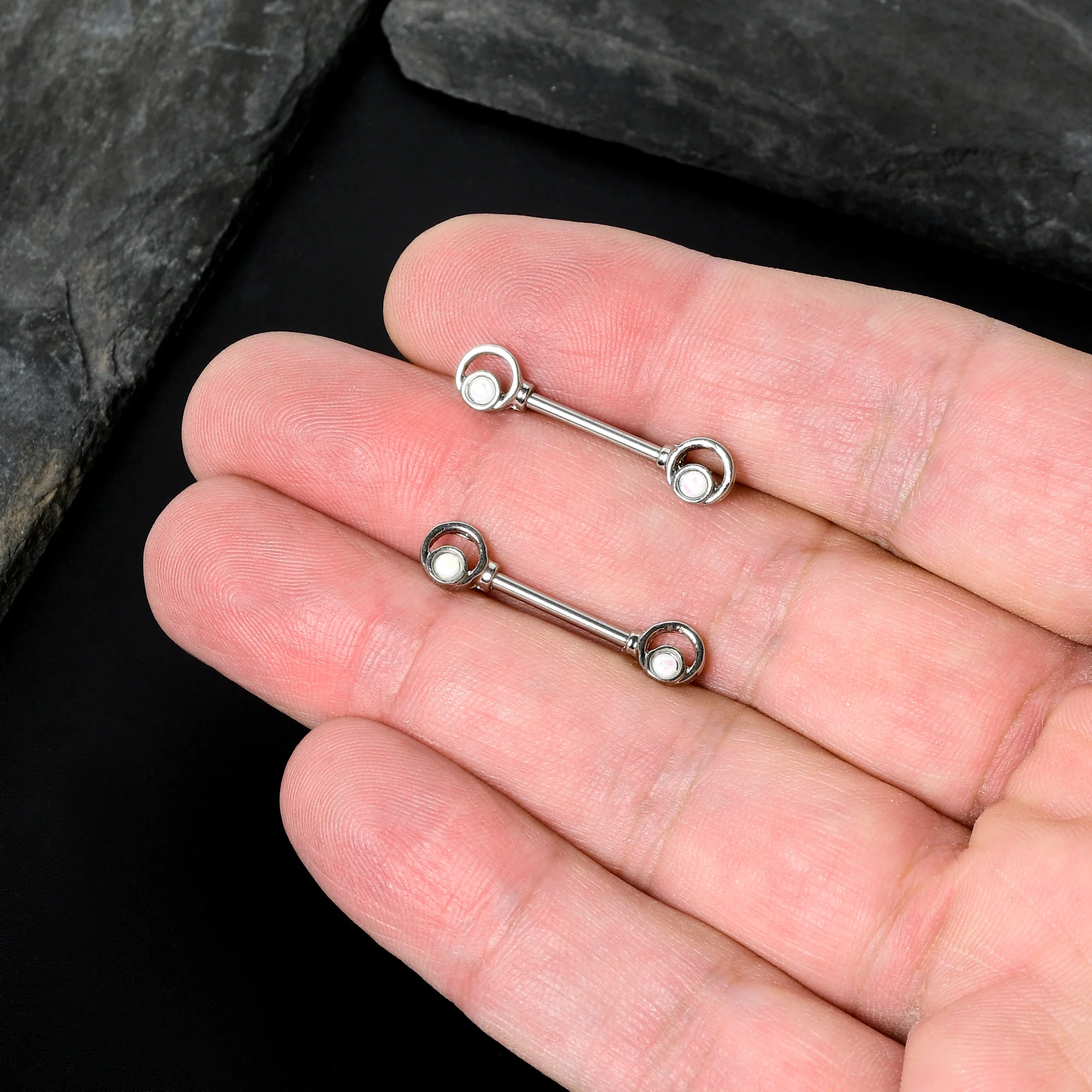 14G 1/2 White Faux Opal Double Circle Barbell Nipple Ring Set - Image 7