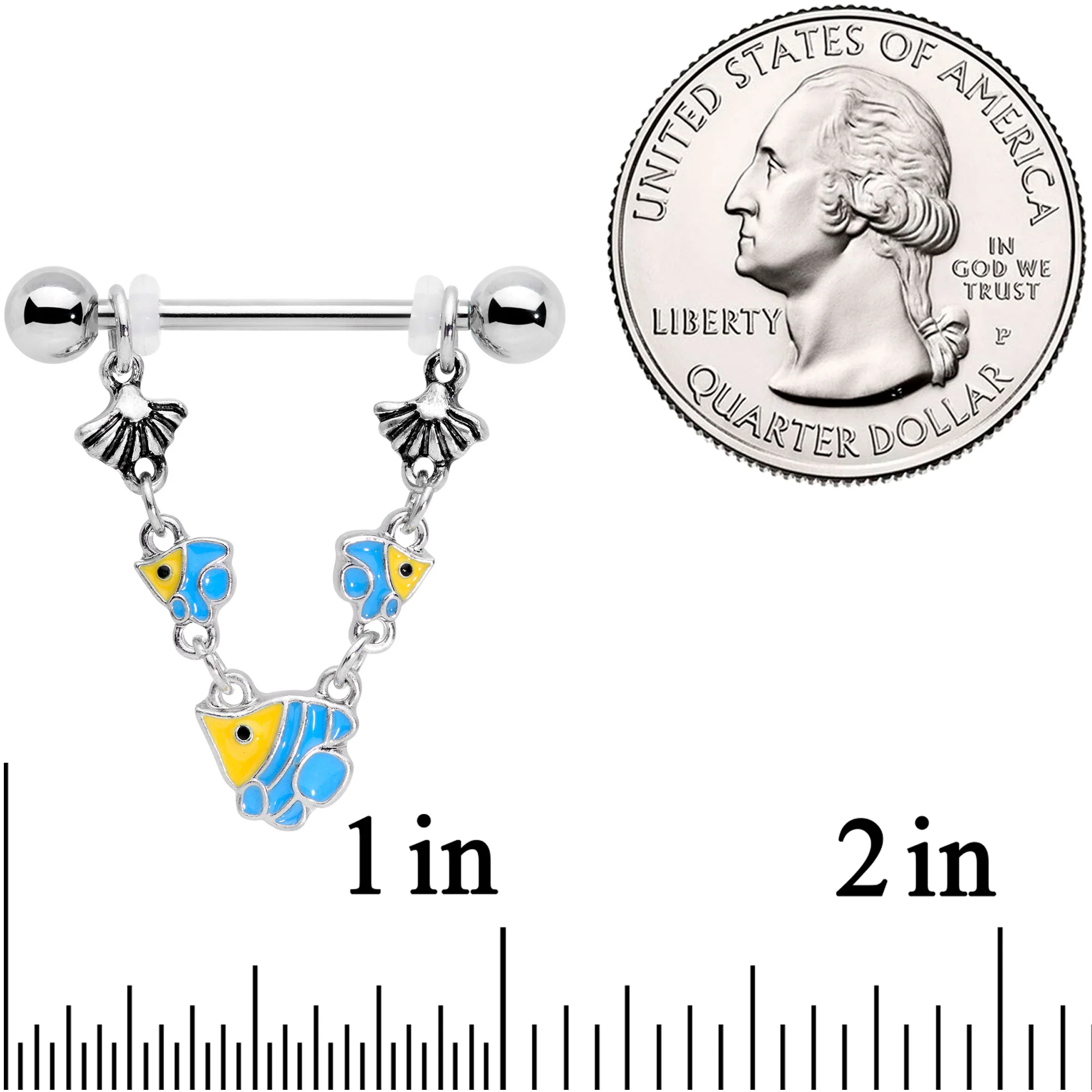 14G 13/16 Blue Yellow Fish Shell Nautical Dangle Nipple Ring Set - Image 2