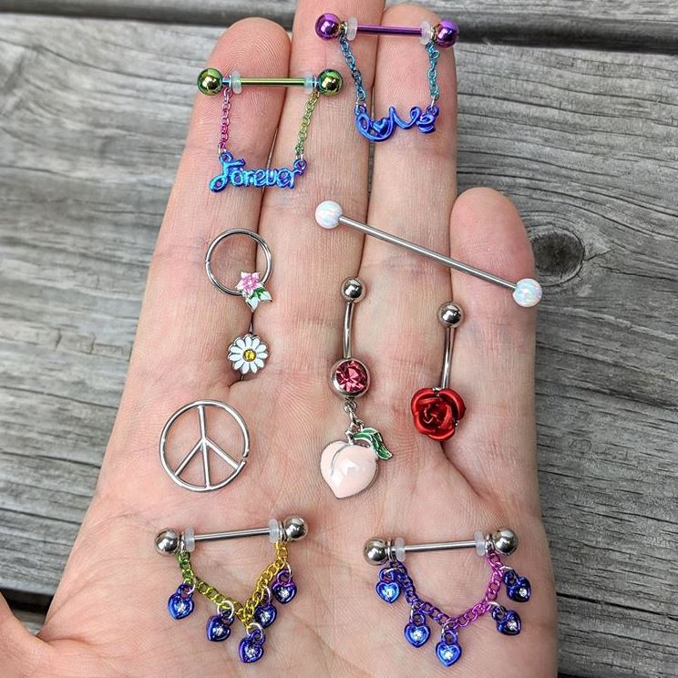 14G 18mm Rainbow Love Forever Chain Dangle Nipple Ring Set - Image 2