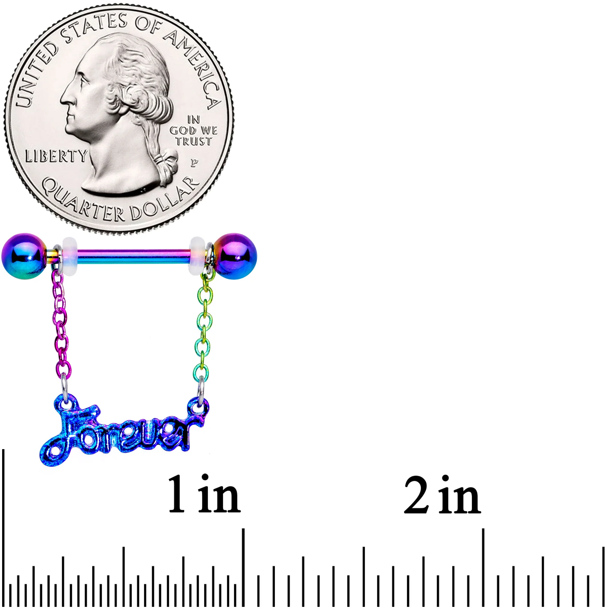14G 18mm Rainbow Love Forever Chain Dangle Nipple Ring Set - Image 3