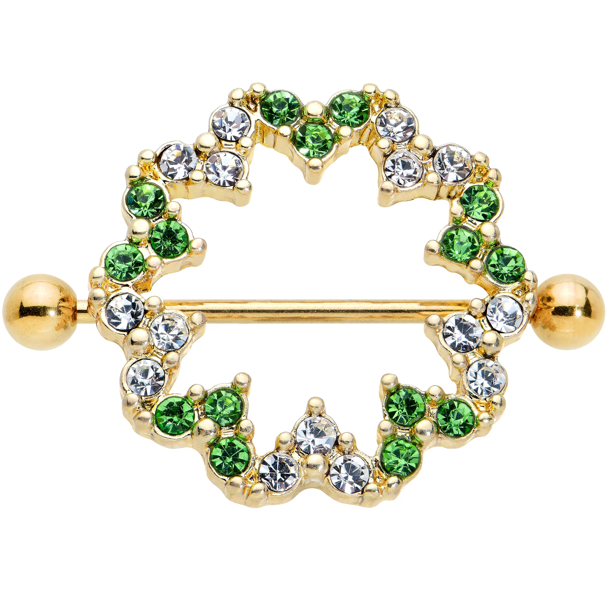 14G 25mm Gold Tone Clear Green Gem Floral Nipple Shield Set - Image 2
