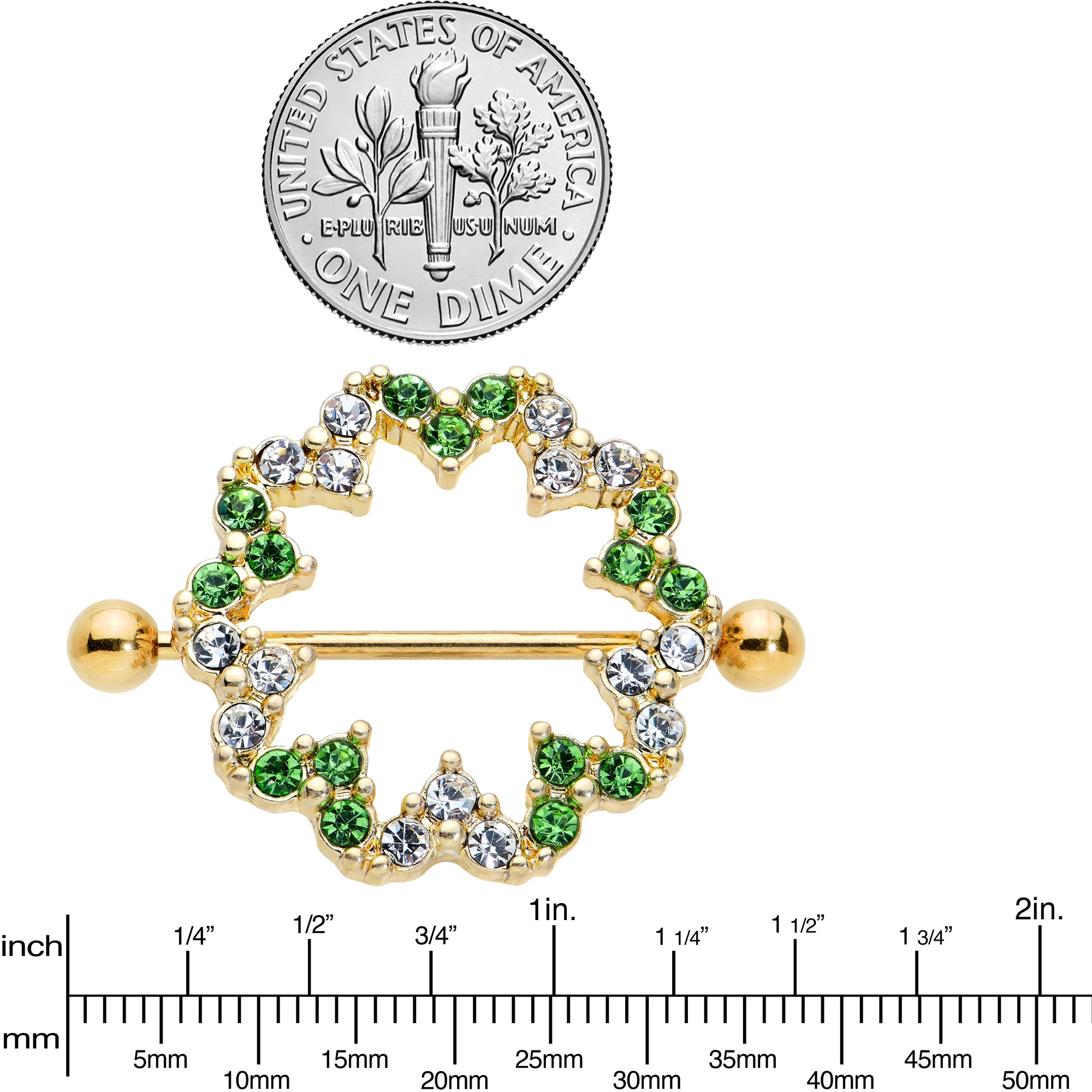 14G 25mm Gold Tone Clear Green Gem Floral Nipple Shield Set - Image 3