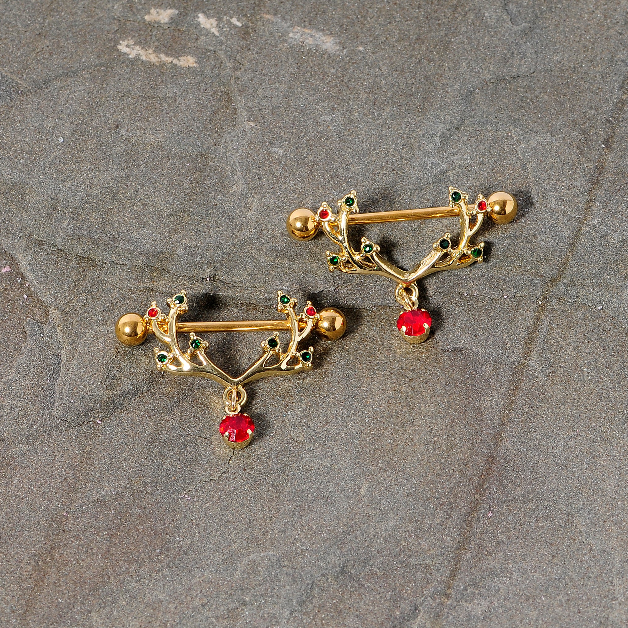 14G 25mm Red Green Gem Reindeer Antler Holiday Nipple Shield Set - Image 3