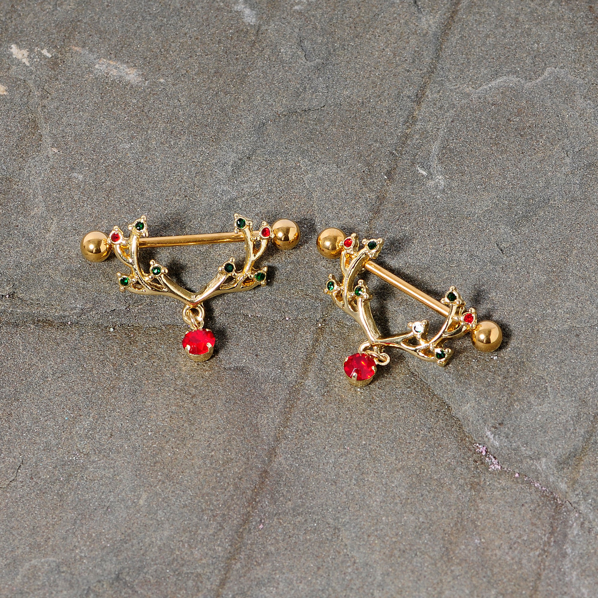 14G 25mm Red Green Gem Reindeer Antler Holiday Nipple Shield Set - Image 4