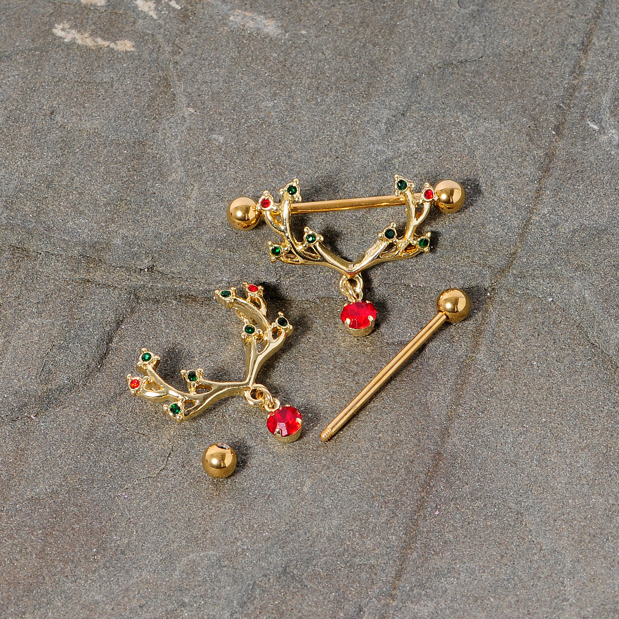 14G 25mm Red Green Gem Reindeer Antler Holiday Nipple Shield Set - Image 5
