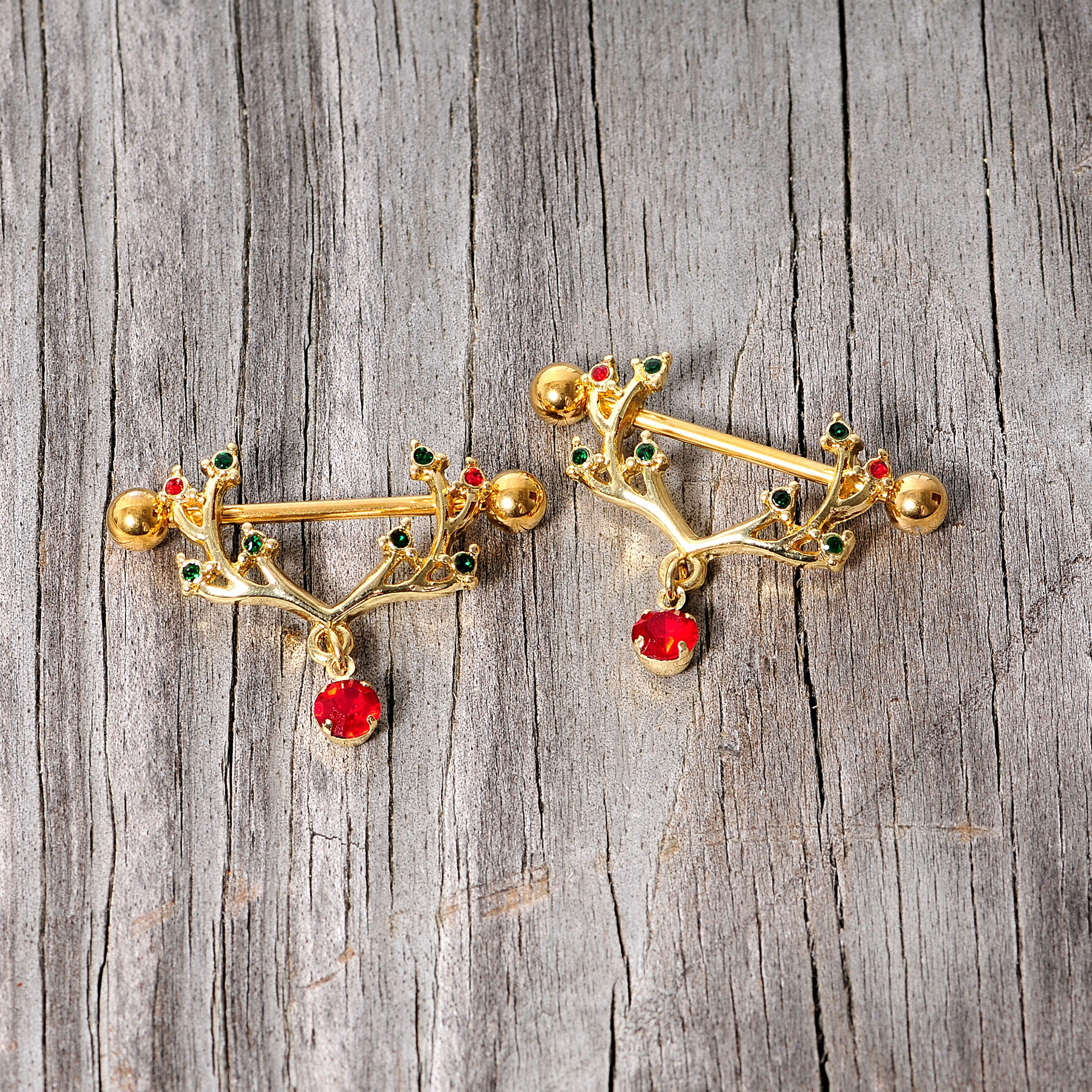 14G 25mm Red Green Gem Reindeer Antler Holiday Nipple Shield Set - Image 6