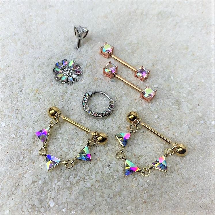 14G 3/4 Aurora Gem Gold Tone Triangle Dangle Nipple Ring Set - Image 2