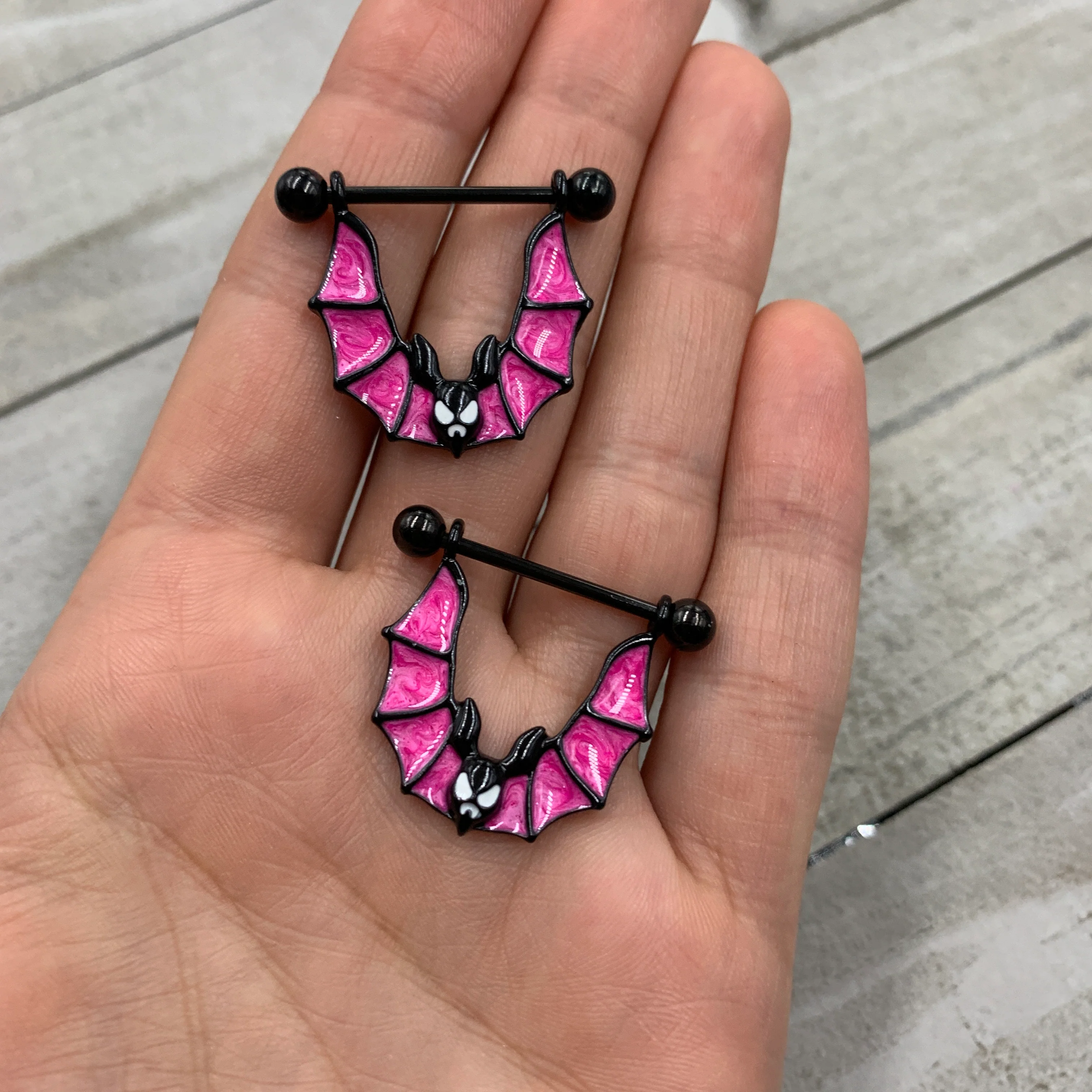 14G 3/4 Black Pinkish Bats Halloween Nipple Shield Set - Image 2