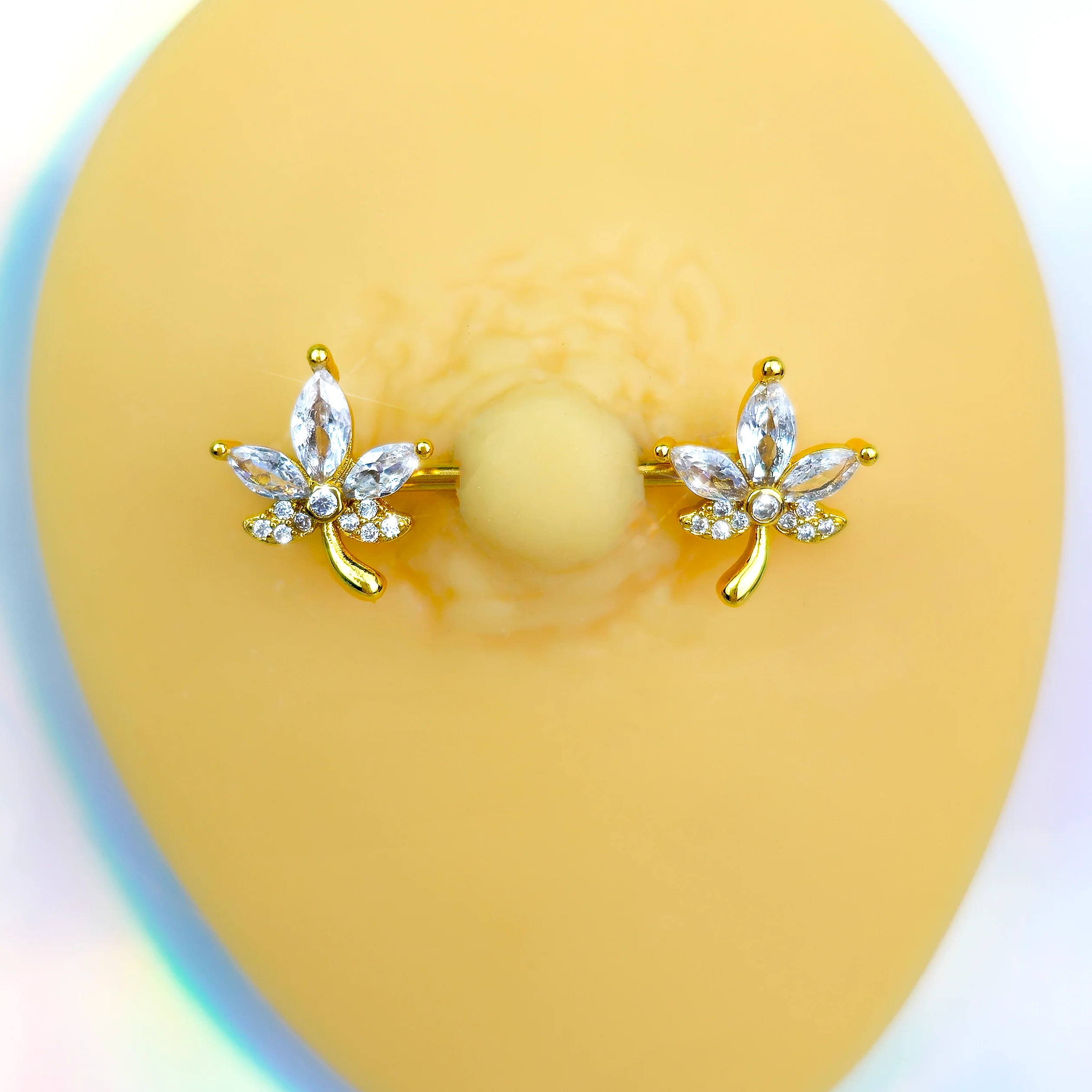 14G 3/4 Clear CZ Gem Gold Tone Pot Leaf Barbell Nipple Ring Set - Image 2