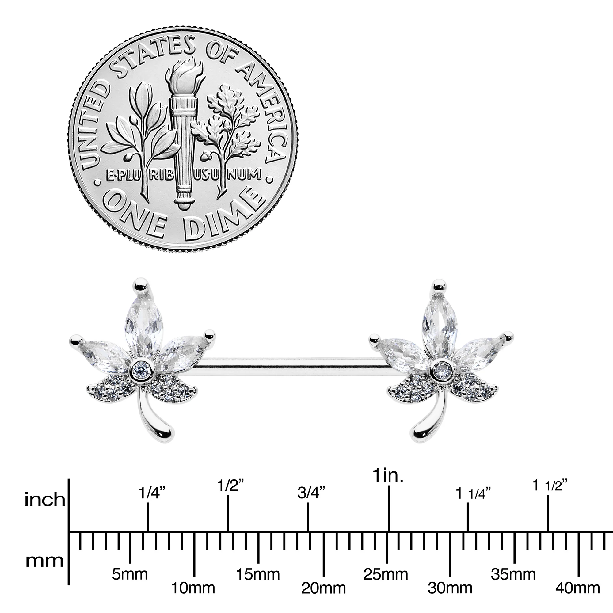 14G 3/4 Clear CZ Gem Pot Leaf Barbell Nipple Ring Set - Image 3