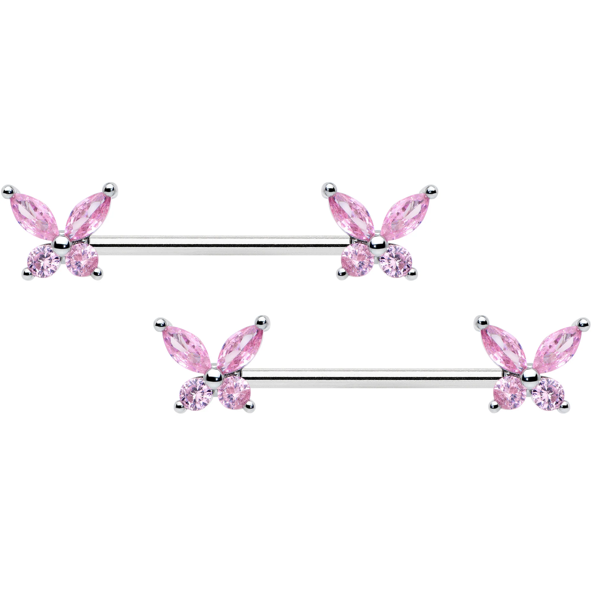 14G 3/4 Pink CZ Gem Butterflies Barbell Nipple Ring Set