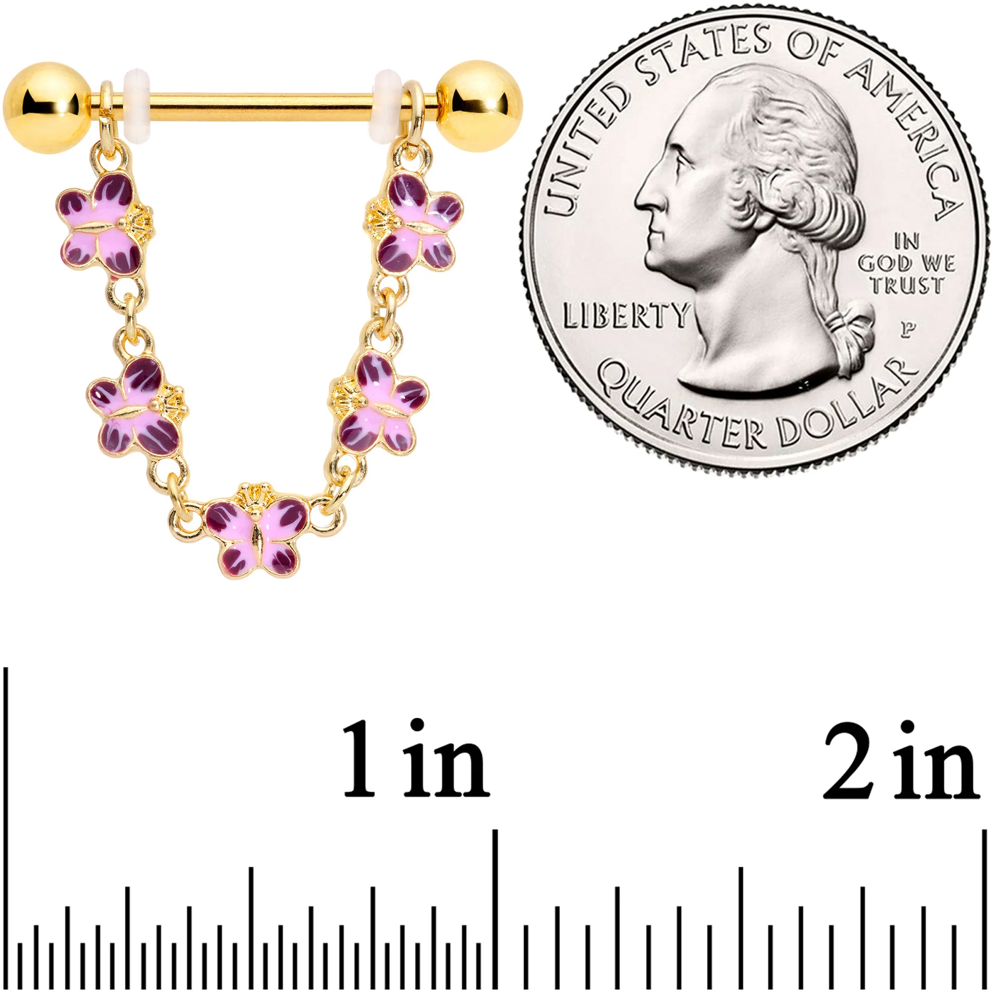 14G 3/4 Pink Purple Gold Tone Butterflies Dangle Nipple Ring Set - Image 2